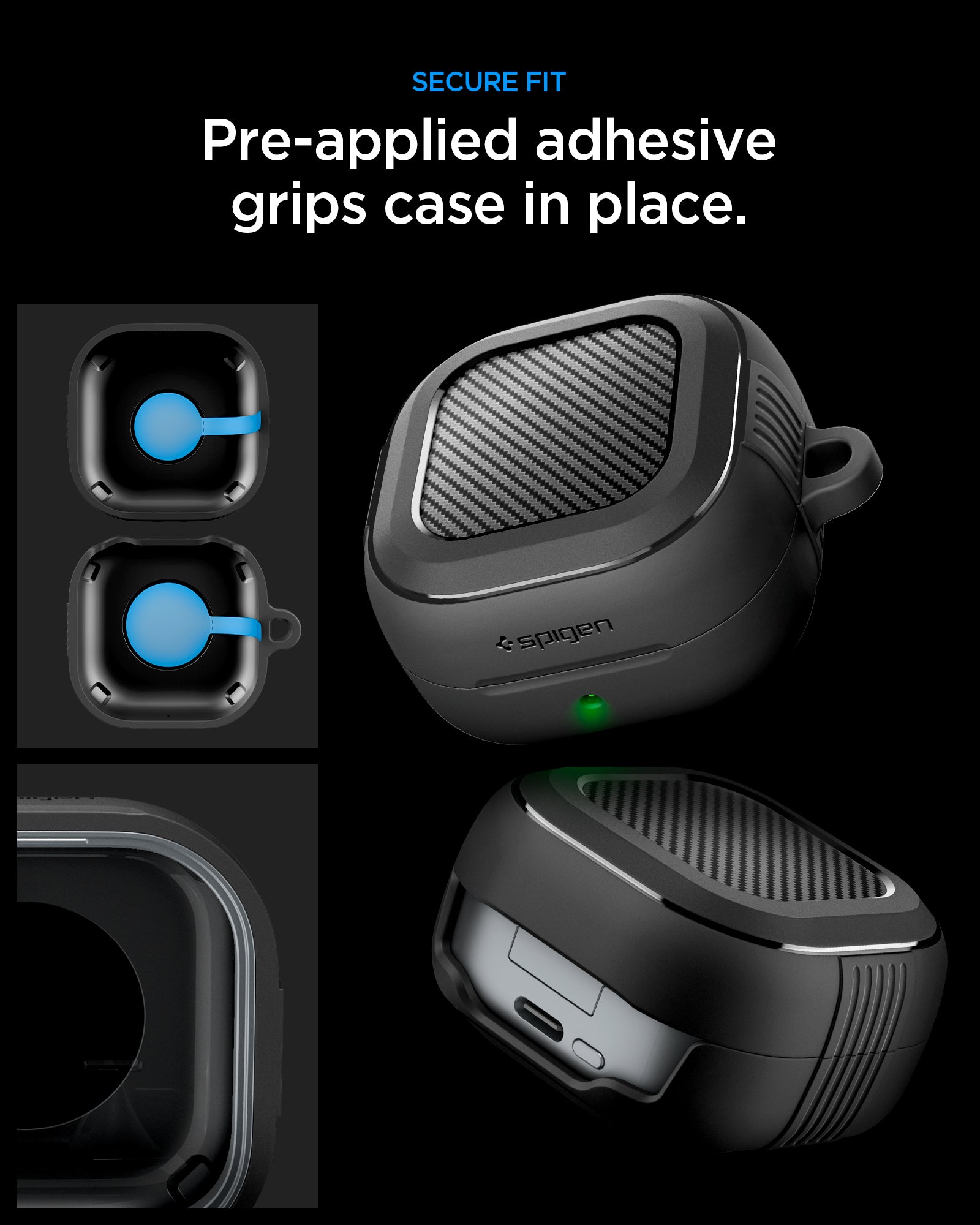 ACS11200 - Galaxy Buds 4 Series Rugged Armor in Matte Black showing secure fit. pre applied adhesive grips case in place
