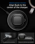 ACS11200 - Galaxy Buds 4 Series Rugged Armor in Matte Black showing wireless charging compatible. align buds to the center of the charger