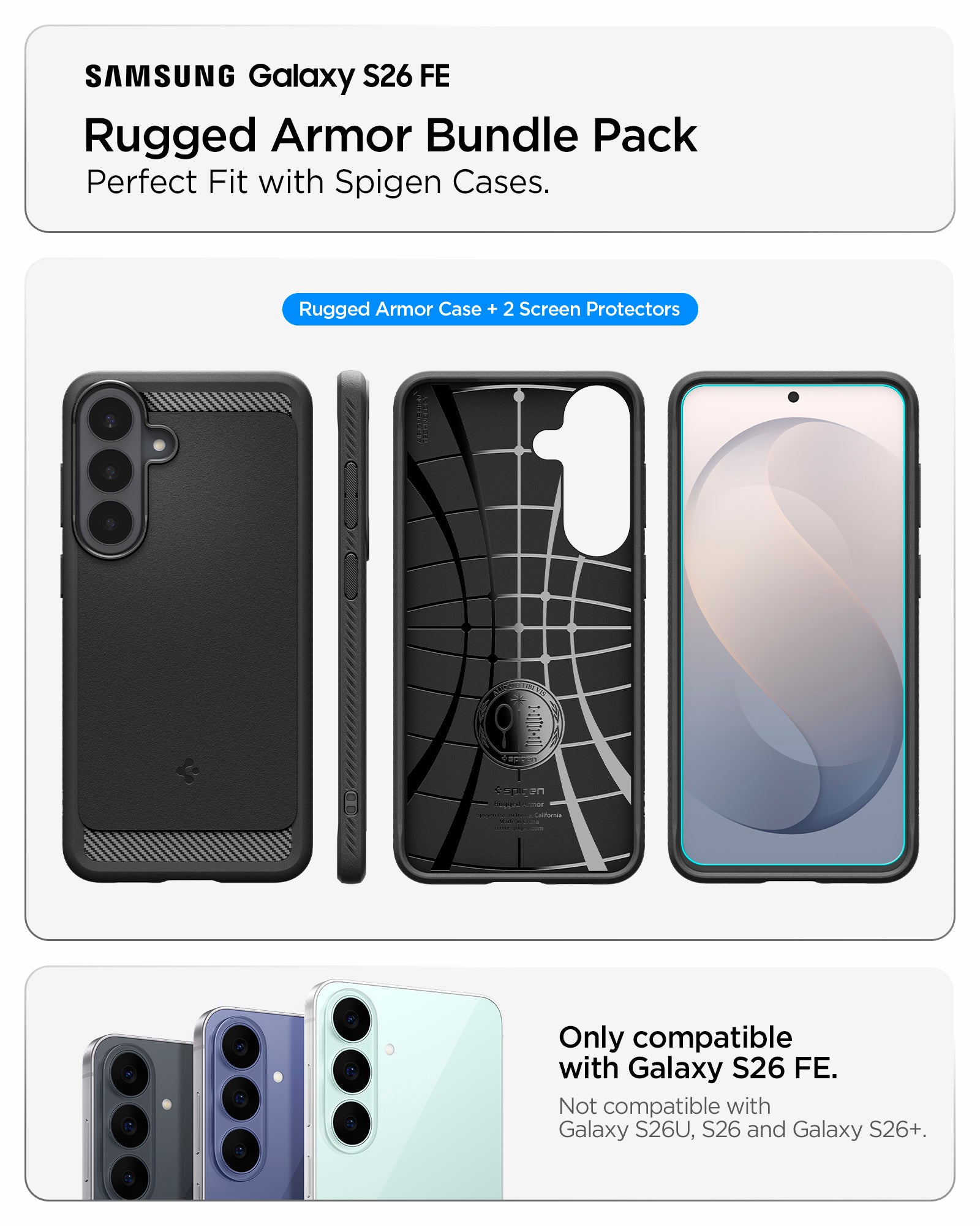 ACS11640 - Galaxy S26 FE Rugged Armor + Glass rugged Armor bundle with case and two screen protectors designed specifically for Galaxy S26 FE
