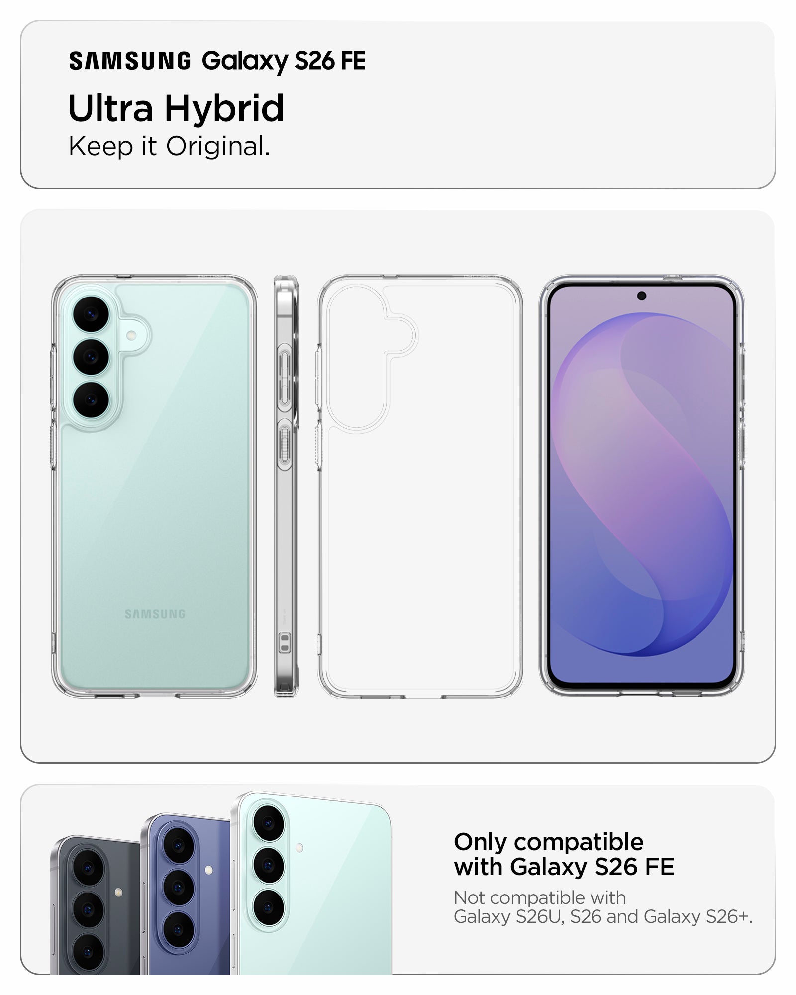 ACS11638 - Galaxy S26 FE Ultra Hybrid with front, back, and side views and precise device compatibility