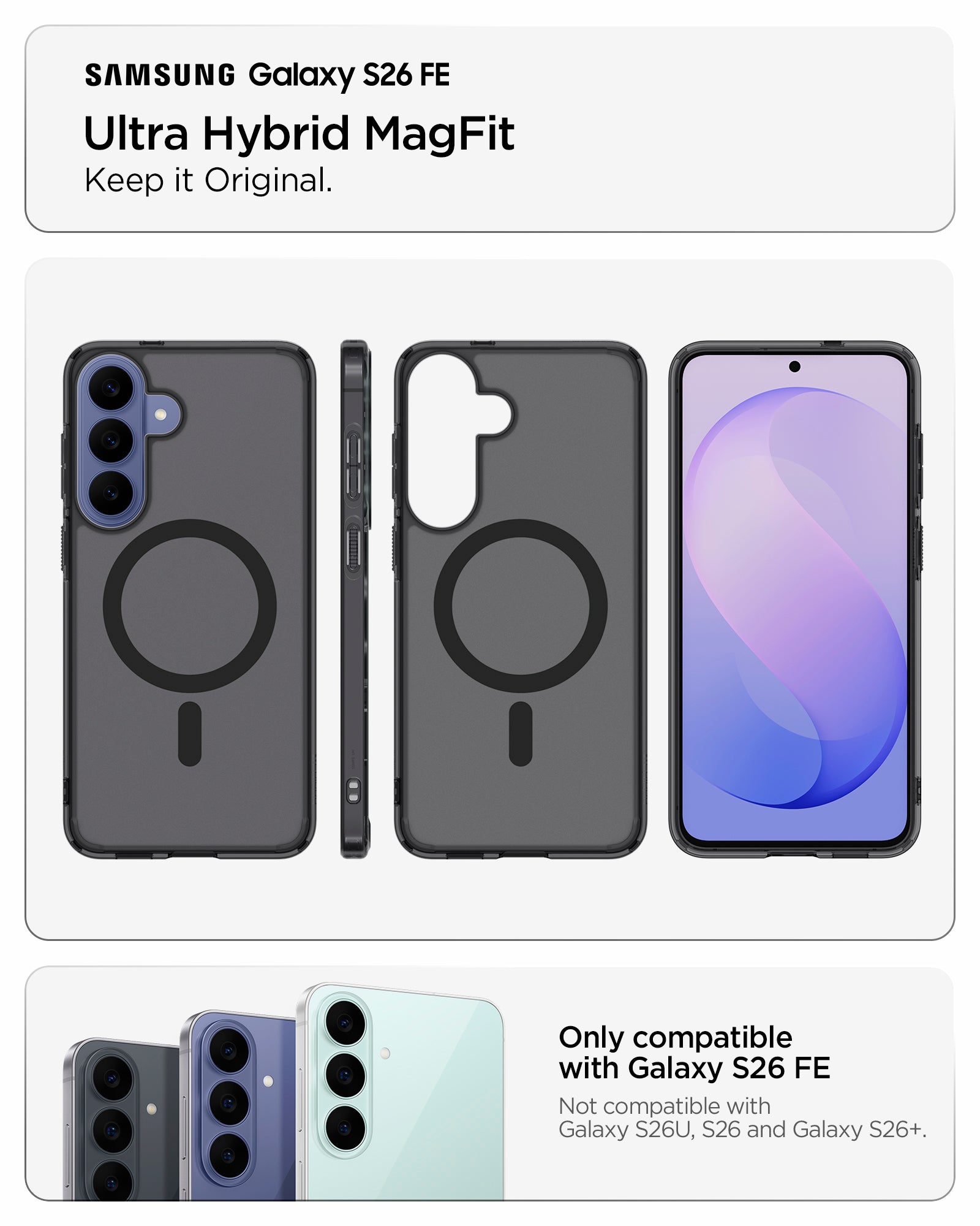 ACS11637 - Galaxy S26 FE Ultra Hybrid (Mag Fit) case with front, back, and side views and precise device compatibility