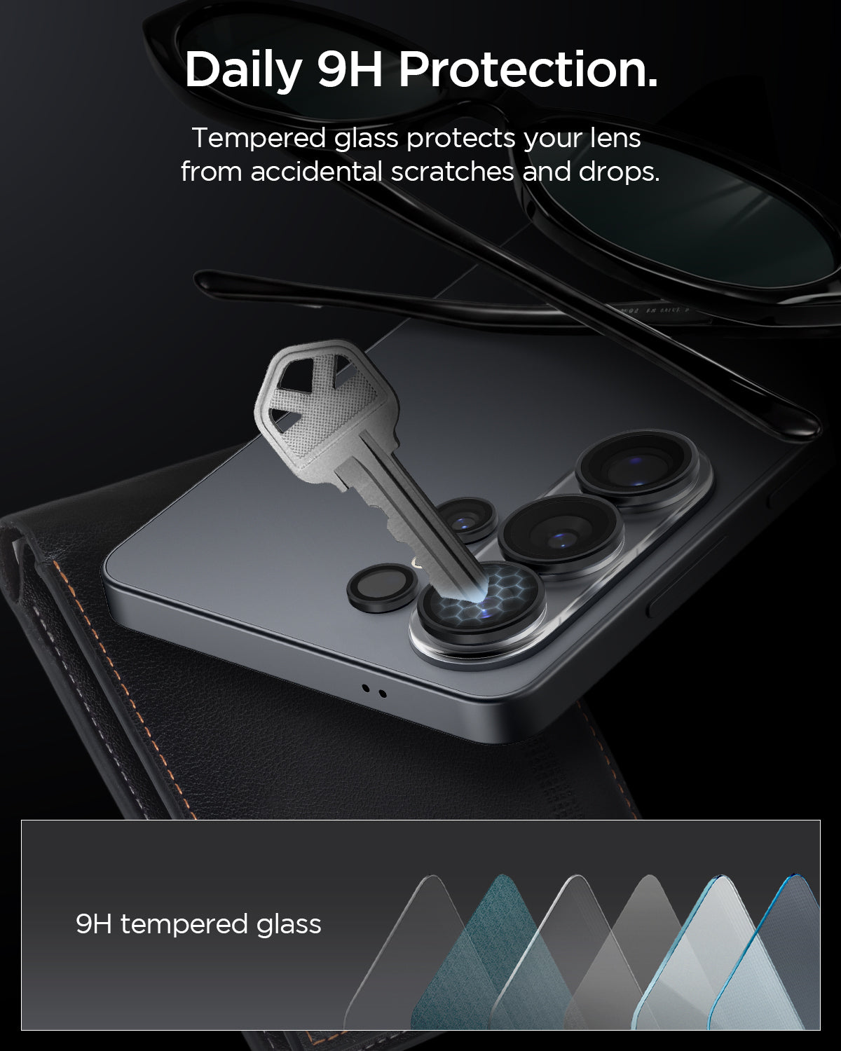AGL11071 - Galaxy S26 Ultra Optik EZ Fit Lens Pro Protector showing daily 9h protection. tempered glass protects your lens from accidental scratches and drops
