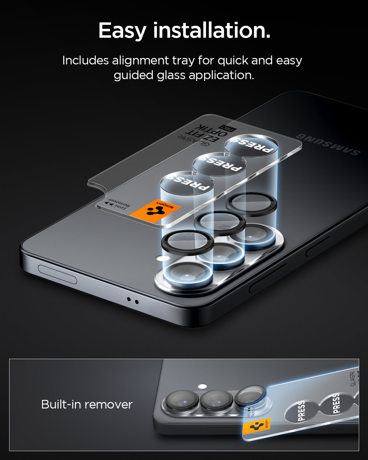 AGL11094 - Galaxy S26 Optik EZ Fit Lens Pro Protector showing the easy to install. Includes alignment tray for quick and easy guided glass application