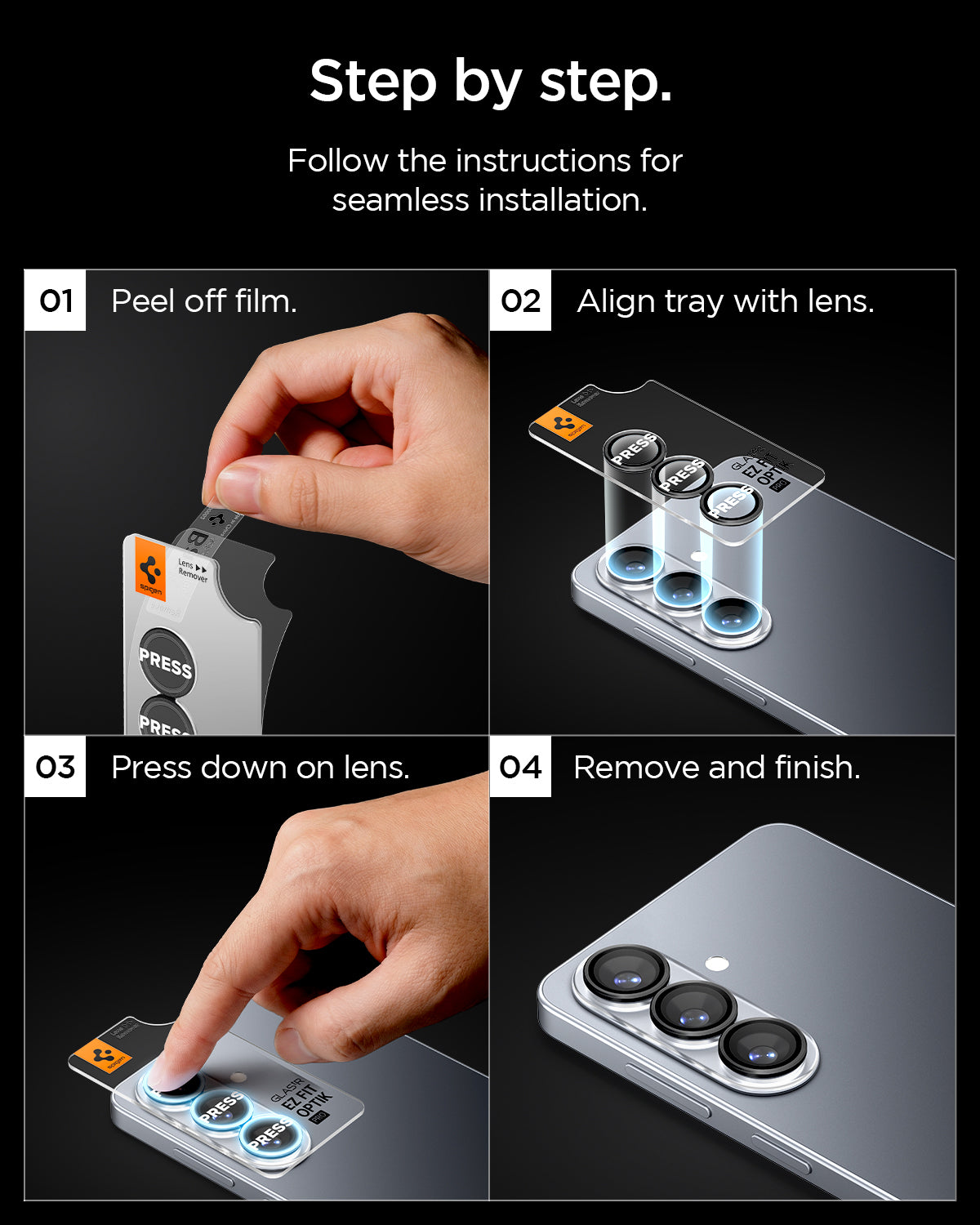 AGL11094 - Galaxy S26 Optik EZ Fit Lens Pro Protector showing step by step follow the instructions for seamless installation