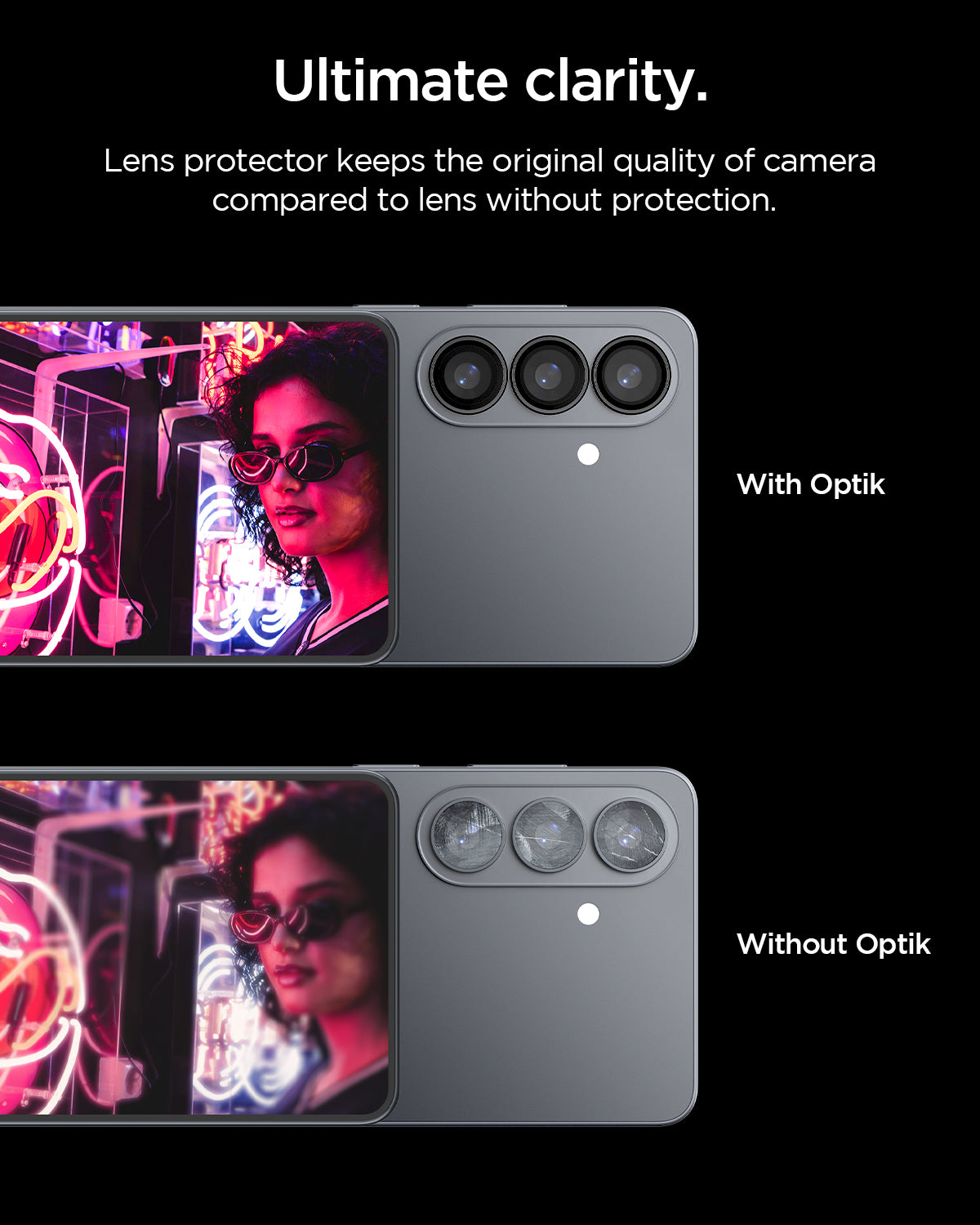 AGL11094 - Galaxy S26 Optik EZ Fit Lens Pro Protector showing ultimate clarity. lens protector keeps the original quality of camera compared to kens without protection