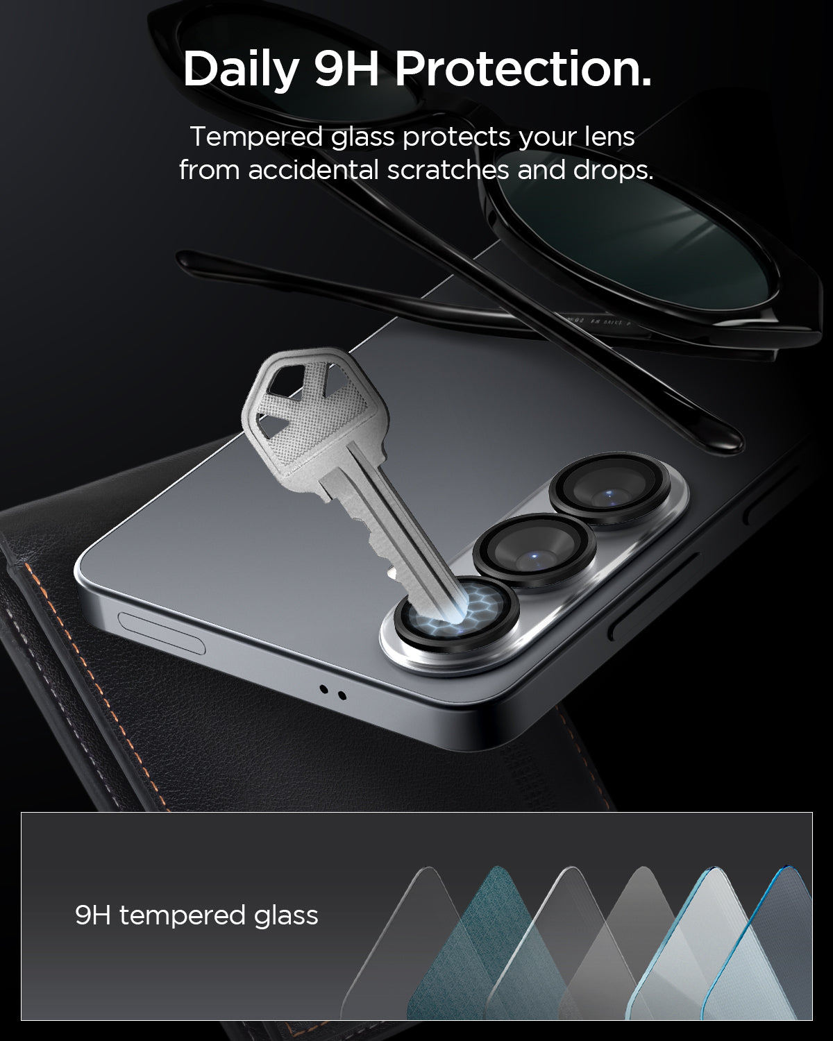 AGL11082 - Galaxy S26 Plus Optik EZ Fit Lens Pro Protector showing daily 9h protection. tempered glass protects your lens from accidental scratches and drops