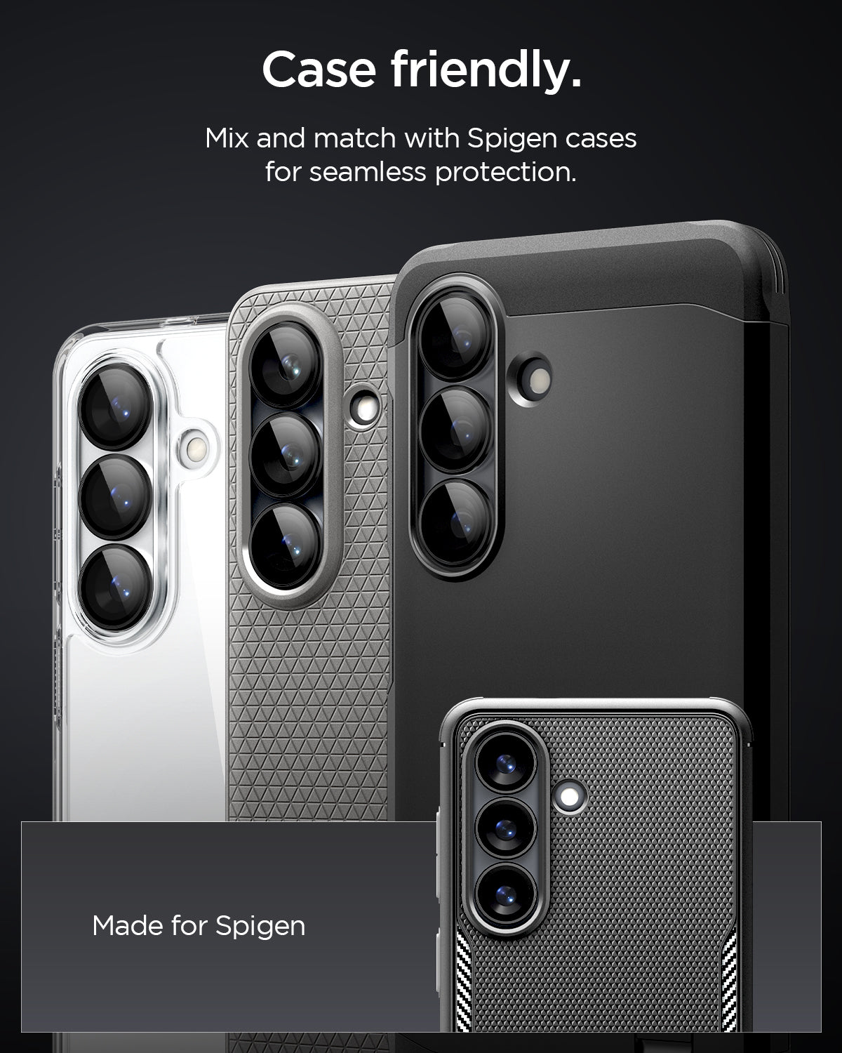 AGL11082 - Galaxy S26 Plus Optik EZ Fit Lens Pro Protector showing case friendly. mix and match with spigen cases for seamless protection