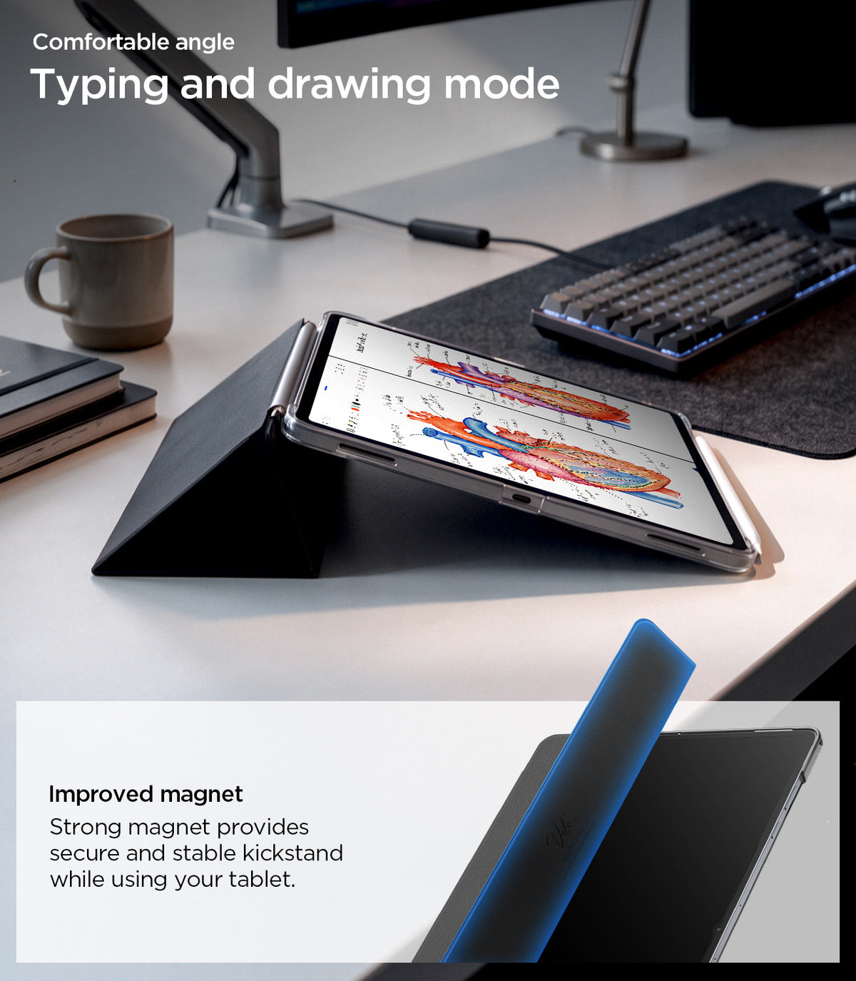 ACS11821 - Galaxy Tab S12 Ultra Liquid Air Folio showing a tablet positioned at a low angle for typing and drawing with the magnetic folio cover folded into a stand.
