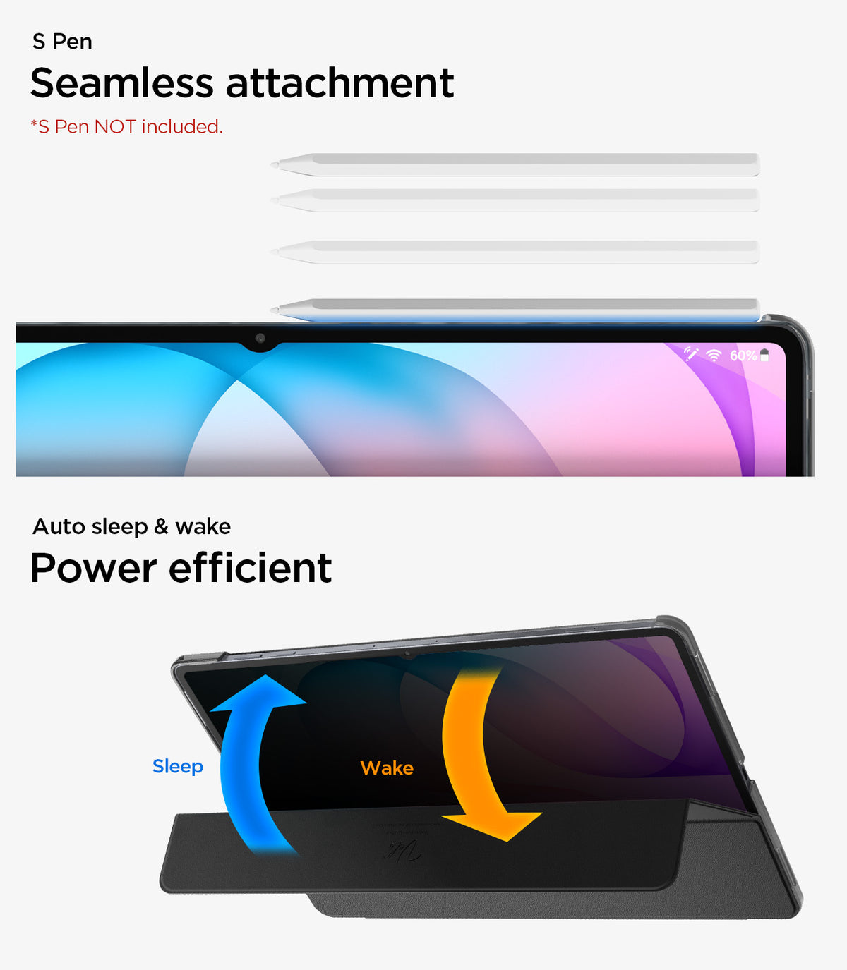  ACS11821 - Galaxy Tab S12 Ultra Liquid Air Folio showing stylus attachment along the tablet edge and the folio cover opening and closing for sleep and wake functions.