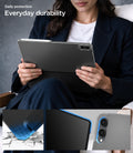  ACS11821 - Galaxy Tab S12 Ultra Liquid Air Folio showing a tablet case in use with reinforced corners, raised screen edges, and a raised camera surround for protection.