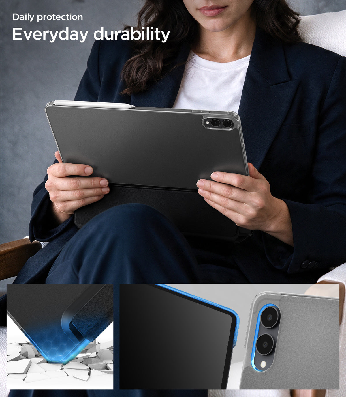  ACS11821 - Galaxy Tab S12 Ultra Liquid Air Folio showing a tablet case in use with reinforced corners, raised screen edges, and a raised camera surround for protection.