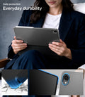  ACS11828 - Galaxy Tab S12+ Liquid Air Folio showing a tablet case in use with reinforced corners, raised screen edges, and a raised camera surround for protection.