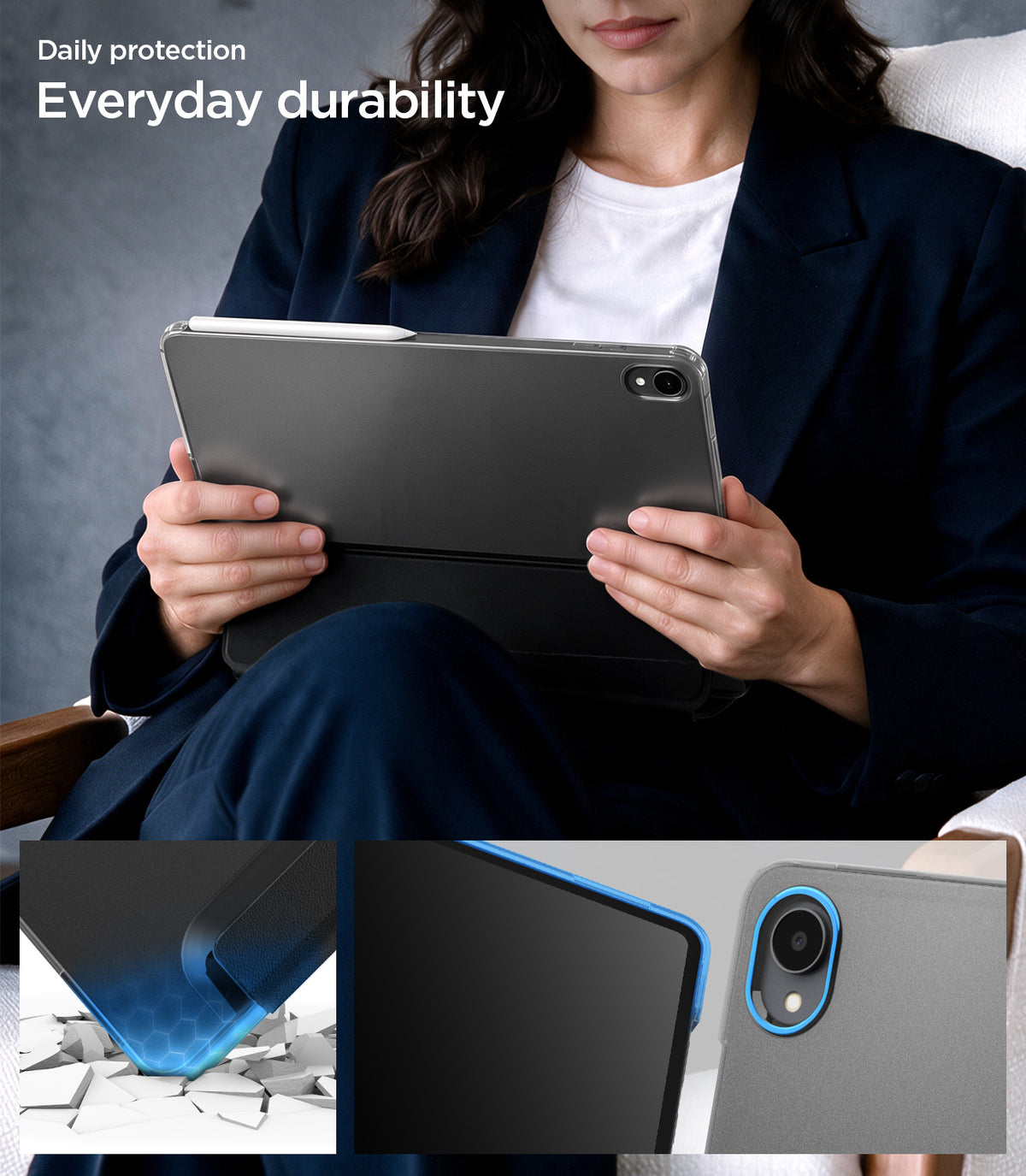  ACS11828 - Galaxy Tab S12+ Liquid Air Folio showing a tablet case in use with reinforced corners, raised screen edges, and a raised camera surround for protection.
