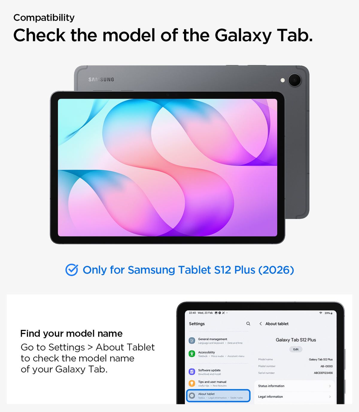ACS11822 - Galaxy Tab S12+ Rugged Armor Pro showing Galaxy Tab S12 Plus (2026) compatibility and instructions for checking the tablet model in Settings.