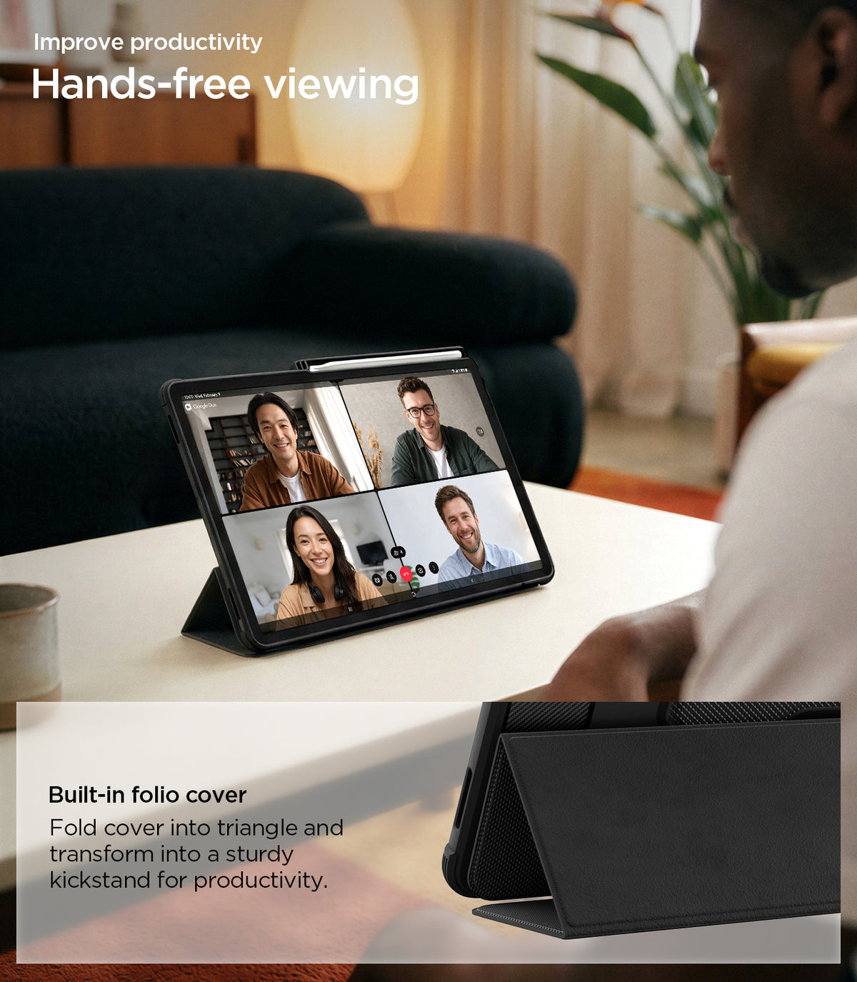 ACS11822 - Galaxy Tab S12+ Rugged Armor Pro showing the tablet propped up with the built-in folio cover folded into a triangular stand for hands-free viewing.