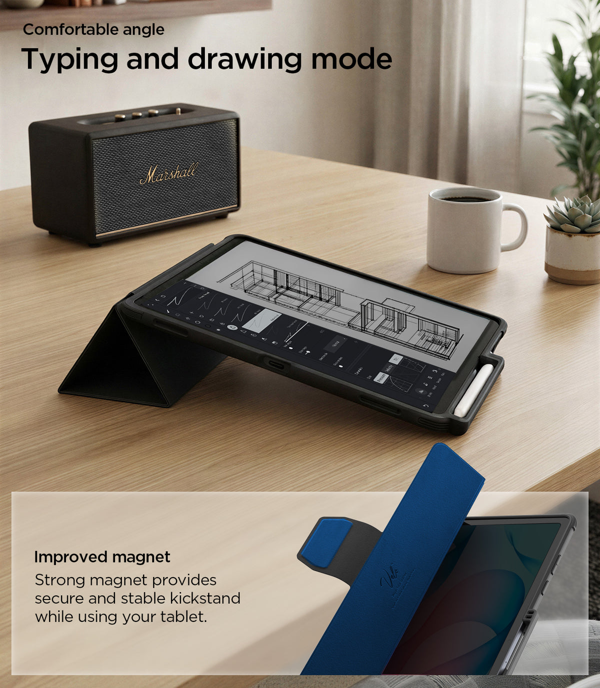 ACS11822 - Galaxy Tab S12+ Rugged Armor Pro showing the tablet positioned at a low angle for typing and drawing with a magnetic folio stand for stable support.