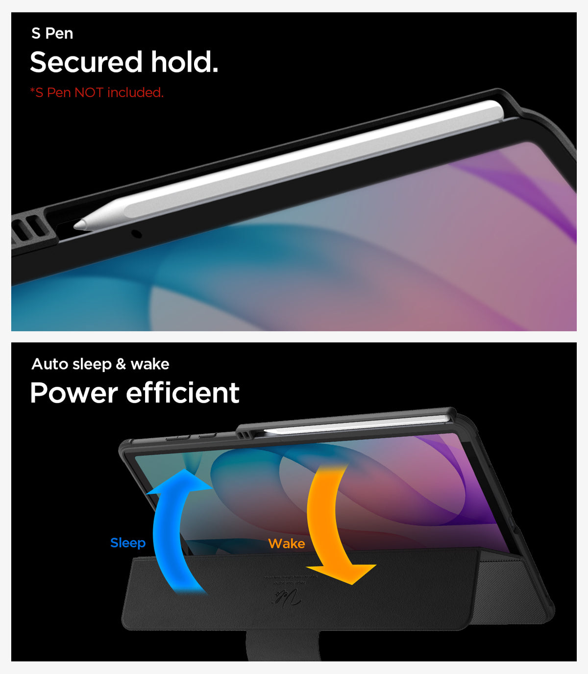 ACS11822 - Galaxy Tab S12+ Rugged Armor Pro showing the S Pen secured along the tablet edge and the folio cover supporting auto sleep and wake functionality.