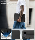 ACS11822 - Galaxy Tab S12+ Rugged Armor Pro showing a person carrying the tablet with its folio cover closed and close-up views of reinforced corner and camera protection.