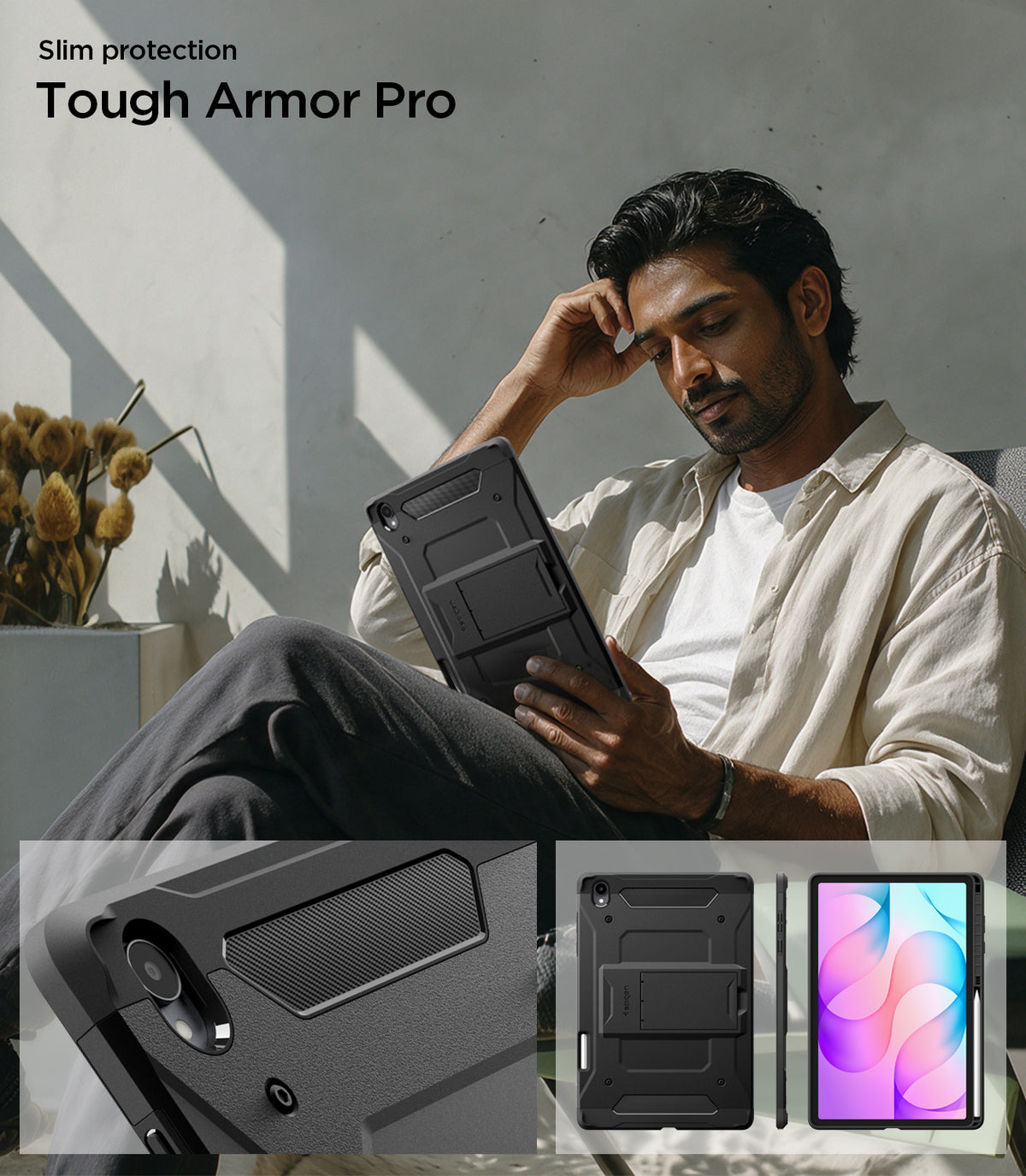 ACS11827 - Galaxy Tab S12+ Tough Armor Pro showing Tough Armor Pro tablet case in use with close-up views of its rugged back design and slim profile.