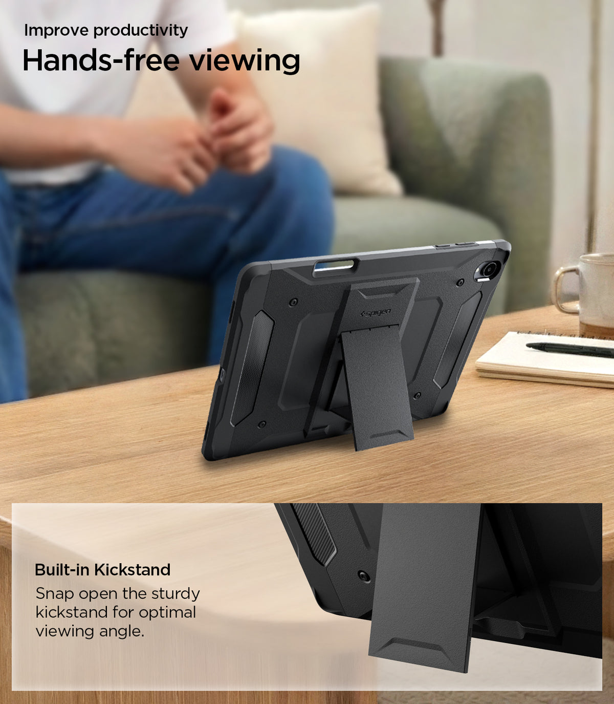 ACS11827 - Galaxy Tab S12+ Tough Armor Pro showing the tablet supported by the built-in kickstand for hands-free viewing with a close-up of the stand.