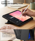 ACS11827 - Galaxy Tab S12+ Tough Armor Pro showing the tablet positioned for typing and drawing with a triangular support stand for a comfortable viewing angle.