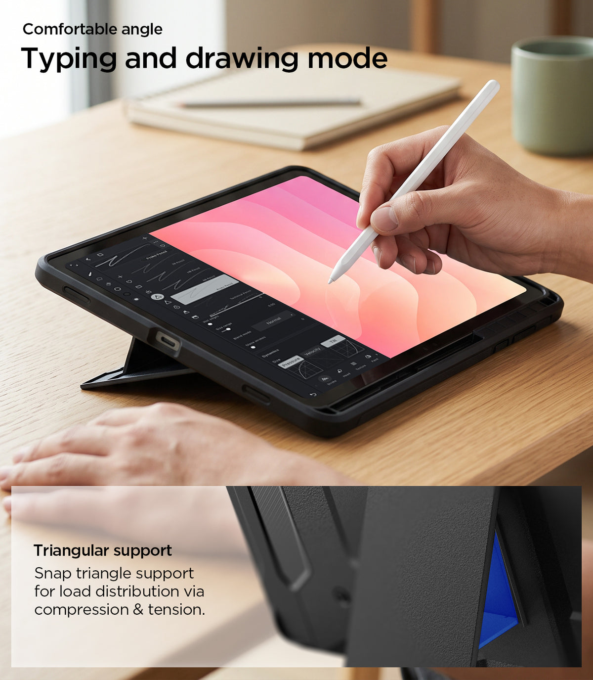 ACS11827 - Galaxy Tab S12+ Tough Armor Pro showing the tablet positioned for typing and drawing with a triangular support stand for a comfortable viewing angle.