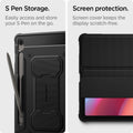 ACS09381 - Galaxy Tab S10 FE+ Case Rugged Armor Pro in Matte Black showing the S-Pen storage. Easily access and store your S Pen on the go. Screen cover keeps the display scratch-free