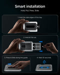 AGL11759 - Galaxy Z Fold 8 GLAS.tR EZ Fit Pro showing a four-step guide for holding, pulling, pressing, and waiting during tray installation