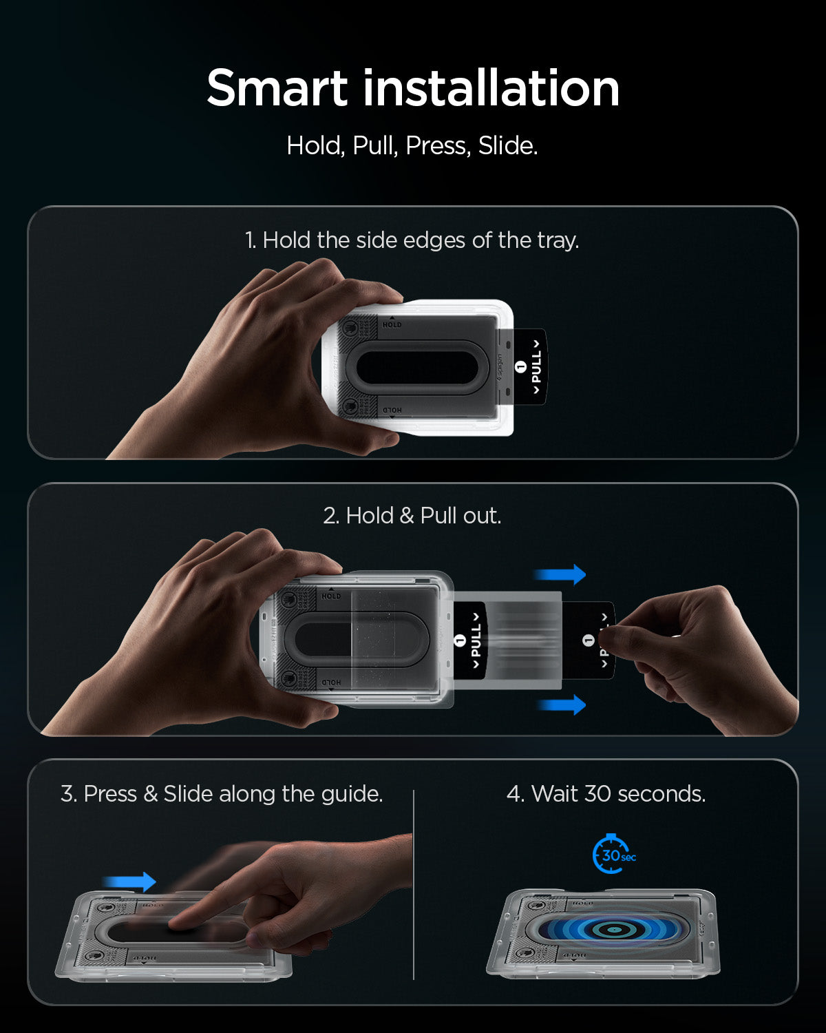 AGL11759 - Galaxy Z Fold 8 GLAS.tR EZ Fit Pro showing a four-step guide for holding, pulling, pressing, and waiting during tray installation
