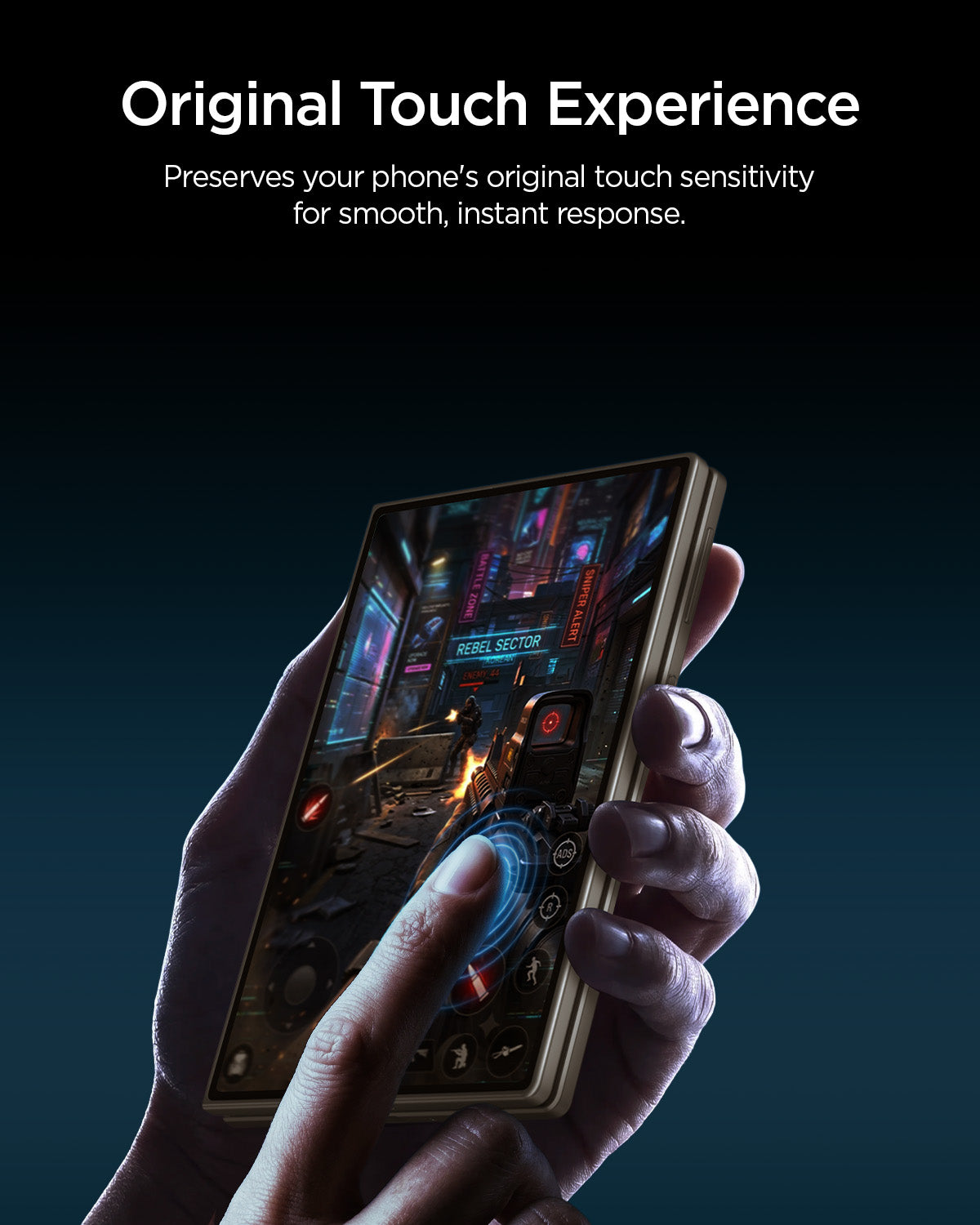 AGL11759 - Galaxy Z Fold 8 GLAS.tR EZ Fit Pro showing a hand using a phone to demonstrate the glass's original touch sensitivity