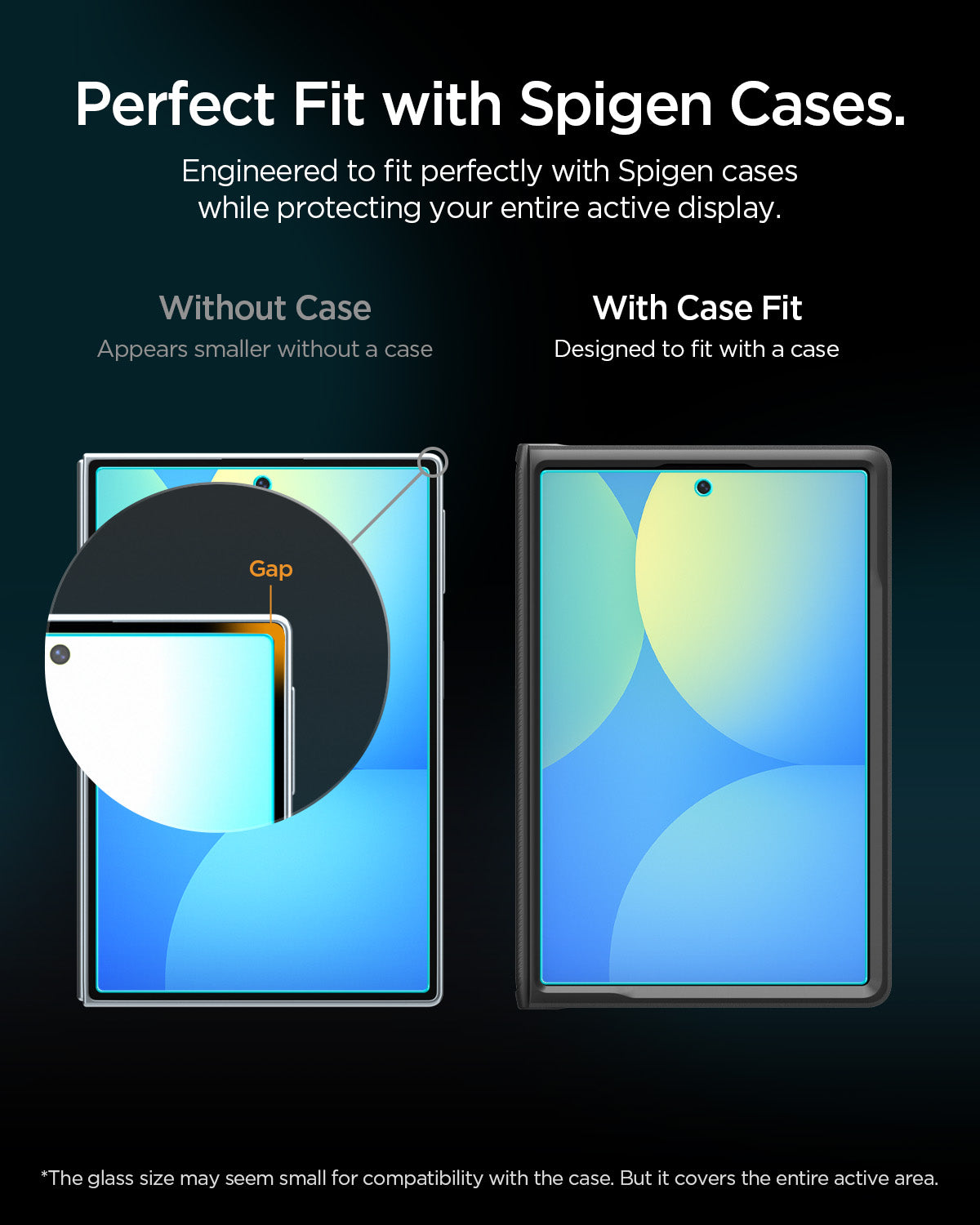 AGL11759 - Galaxy Z Fold 8 GLAS.tR EZ Fit Pro showing a comparison of the glass fit on the Galaxy Z Fold 8 with and without a case installed