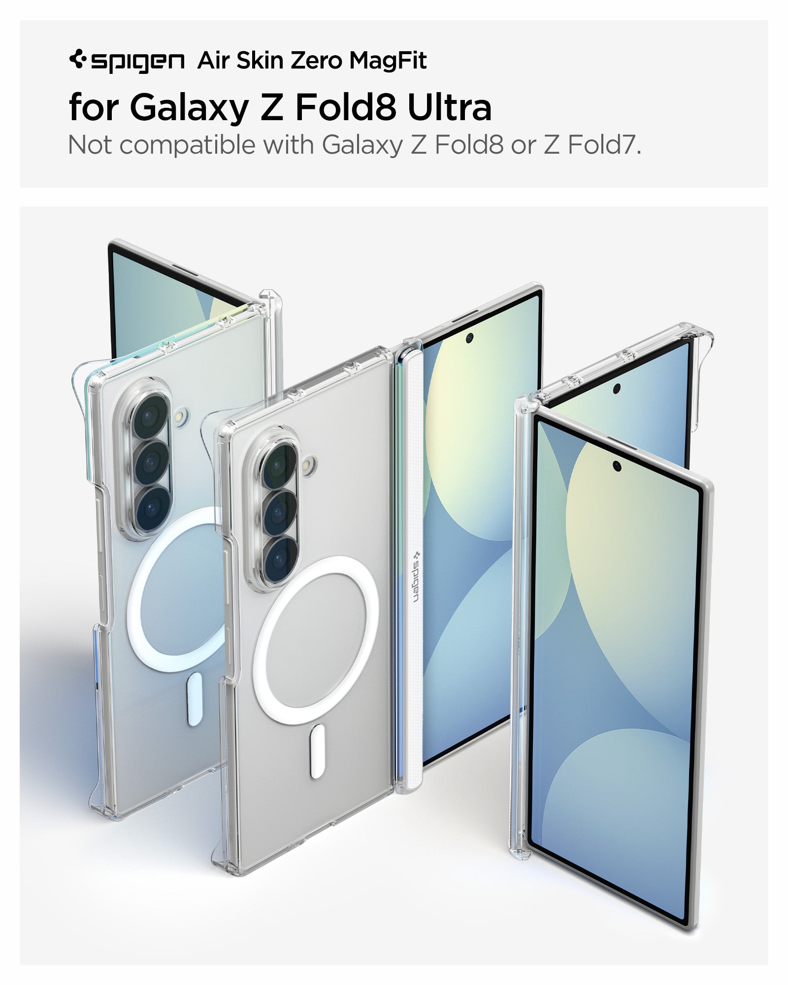 ACS11495 - Galaxy Z Fold 8 Ultra Air Skin Zero (Mag Fit) showing the Air Skin Zero MagFit product title graphic for Galaxy Z Fold 8 Ultra, alongside multiple angled views of the clear case in folded, unfolded, and back positions