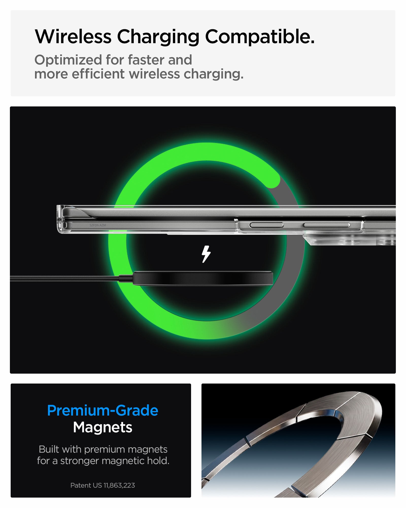 ACS11495 - Galaxy Z Fold 8 Ultra Air Skin Zero (Mag Fit) showing it is wireless charging compatible.  Optimized for faster and more efficient wireless charging.