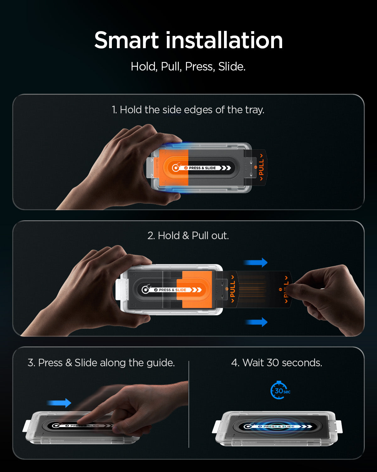 AGL09576 - Galaxy Z Fold 8 Ultra GLAS.tR EZ Fit Pro showing the "Smart installation" graphic with four steps: holding the tray's side edges, pulling out the tabs, pressing and sliding along the guide, and waiting 30 seconds.
