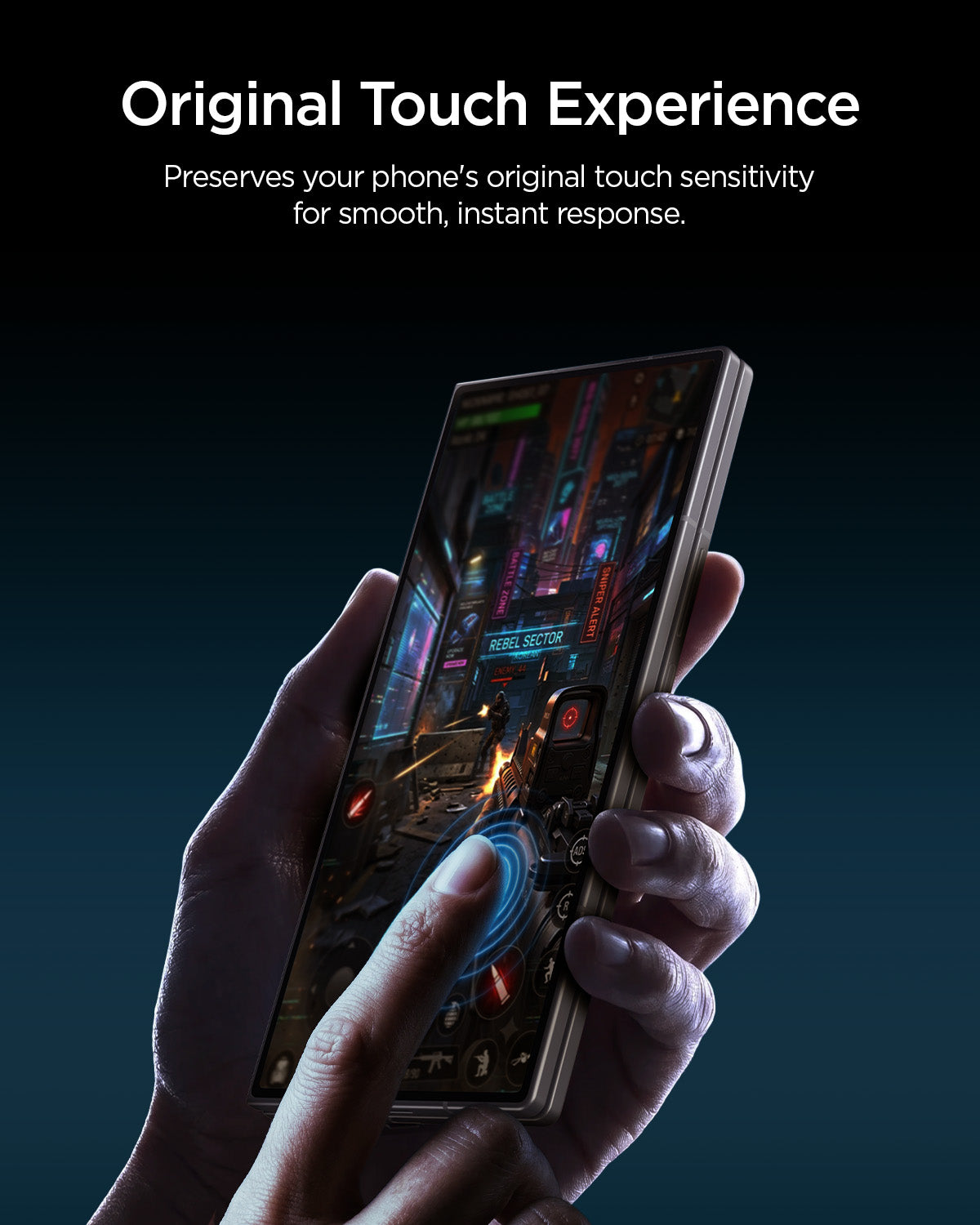 AGL09576 - Galaxy Z Fold 8 Ultra GLAS.tR EZ Fit Pro showing the "Original Touch Experience" graphic, a lifestyle shot of hands playing a game on the Galaxy Z Fold 8 Ultra with the screen protector applied.