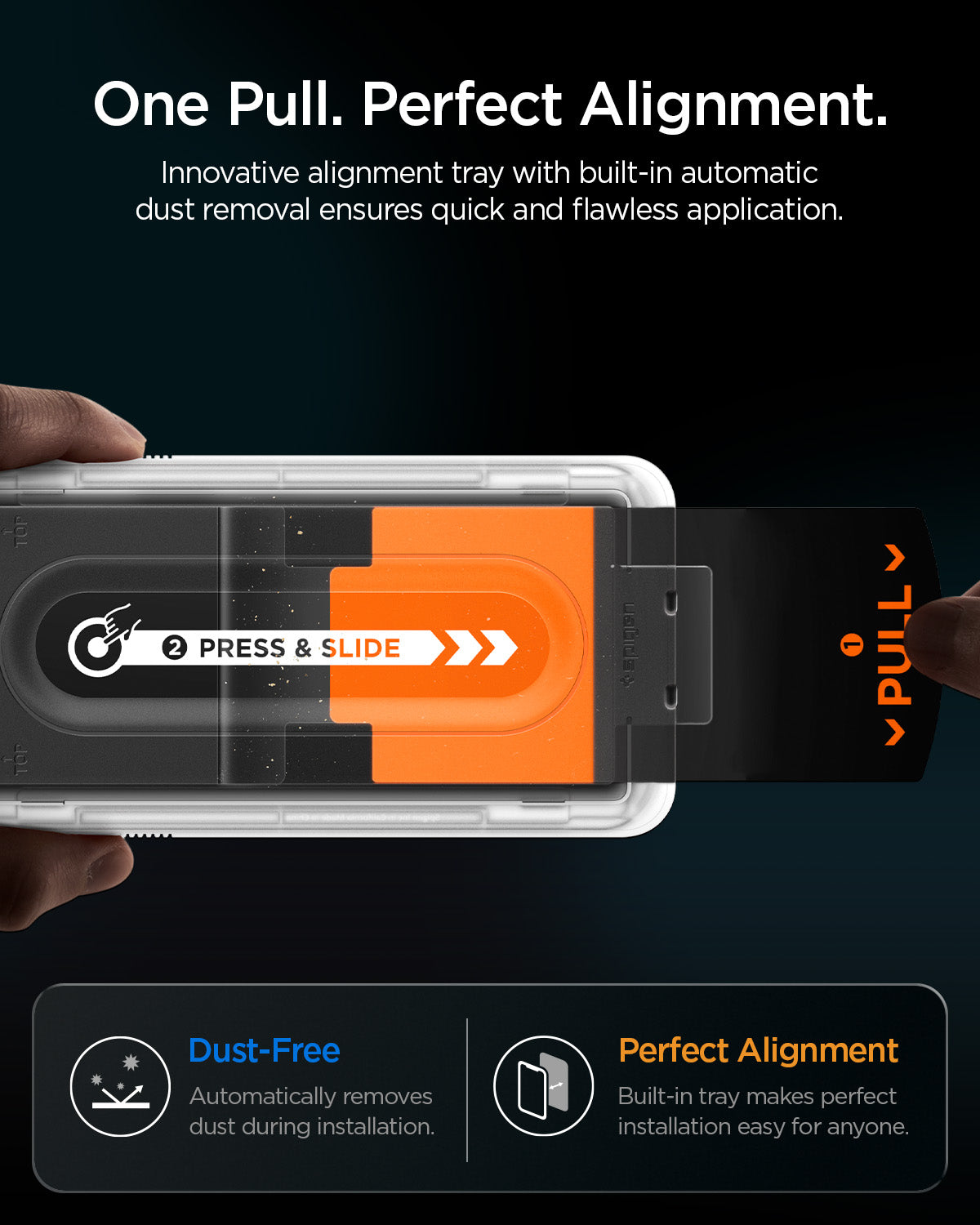 AGL09576 - Galaxy Z Fold 8 Ultra GLAS.tR EZ Fit Pro showing the "One Pull. Perfect Alignment." graphic, a close-up of hands pulling the installation tray's tabs with dust particles being removed during application.