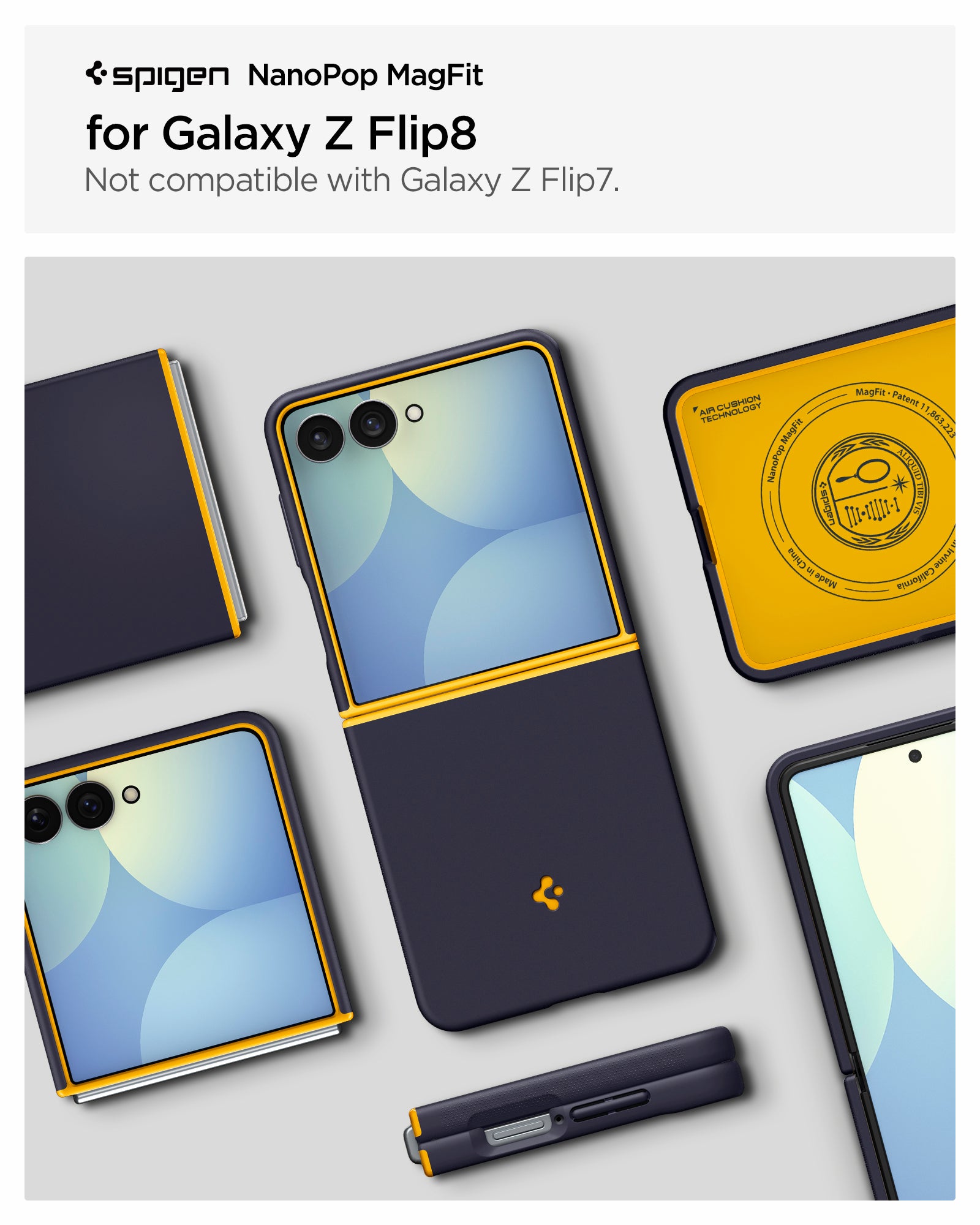 ACS11517 - Galaxy Z Flip 8 Nano Pop (Mag Fit) Blueberry Navy showing the NanoPop MagFit product title graphic for Galaxy Z Flip 8, alongside multiple angled views of the case in folded, unfolded, and back positions, noting it is not compatible with Galaxy Z Flip7.