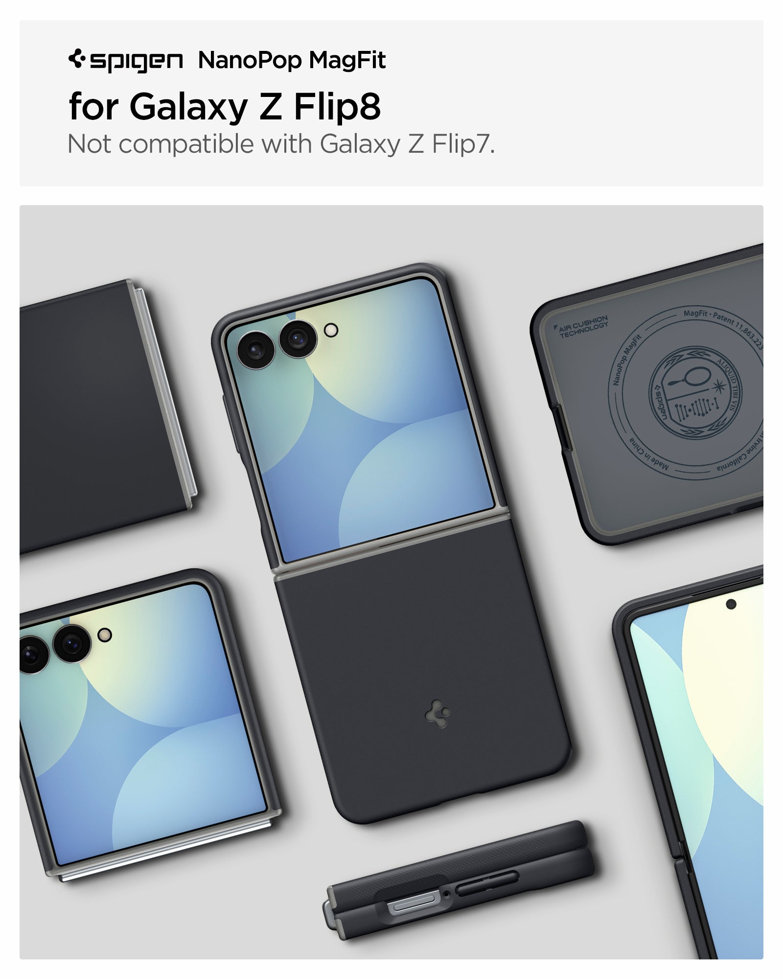 ACS11518 - Galaxy Z Flip 8 Nano Pop (Mag Fit) Black Sesame showing the NanoPop MagFit product title graphic for Galaxy Z Flip8, alongside multiple angled views of the case in folded, unfolded, and back positions