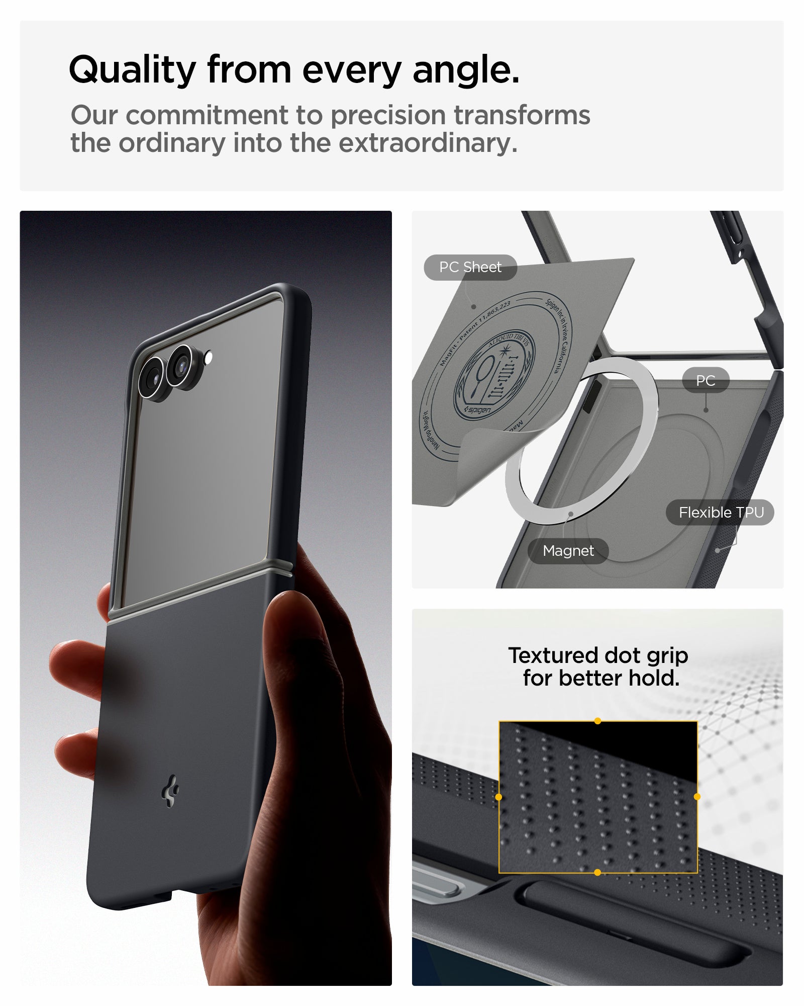 ACS11518 - Galaxy Z Flip 8 Nano Pop (Mag Fit) Black Sesame showing the "Quality from every angle" graphic, with a hand holding the cased phone, alongside a close-up of the internal magnet and PC sheet layers