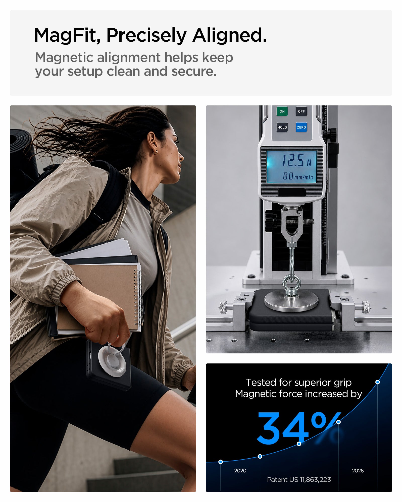 ACS11518 - Galaxy Z Flip 8 Nano Pop (Mag Fit) Black Sesame showing the "MagFit, Precisely Aligned" graphic, with a lifestyle photo of a person holding the phone with an attached accessory, alongside a lab image measuring magnetic force at 12.5N