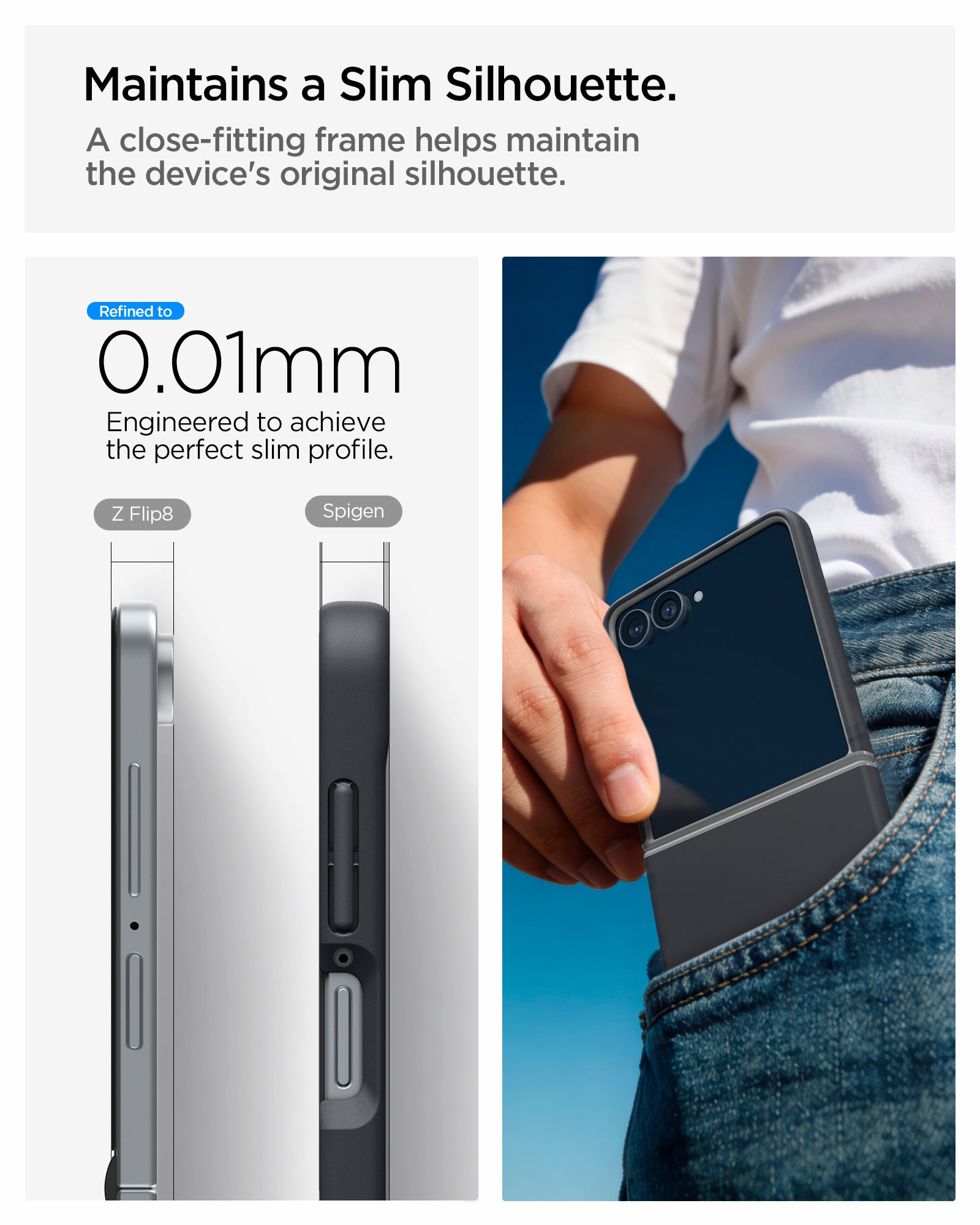 ACS11518 - Galaxy Z Flip 8 Nano Pop (Mag Fit) Black Sesame showing the "Maintains a Slim Silhouette" graphic, comparing the side profile thickness of the bare Galaxy Z Flip 8 and the Spigen-cased version at 0.01mm difference, alongside a lifestyle photo of the cased phone 