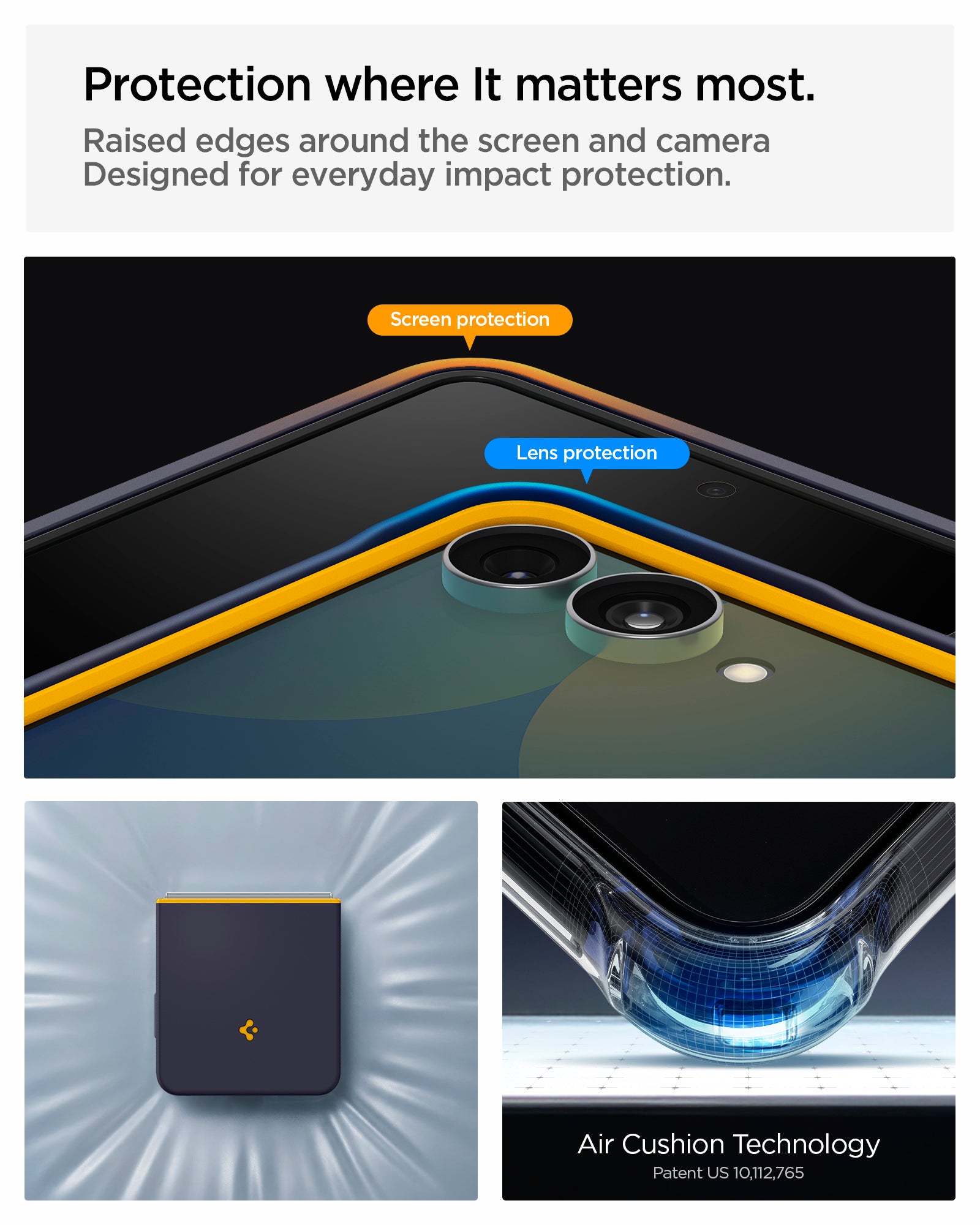 ACS11517 - Galaxy Z Flip 8 Nano Pop (Mag Fit) Blueberry Navy  showing the "Protection where It matters most" graphic, highlighting raised screen and lens protection edges, alongside images of the case's shock-dispersing design