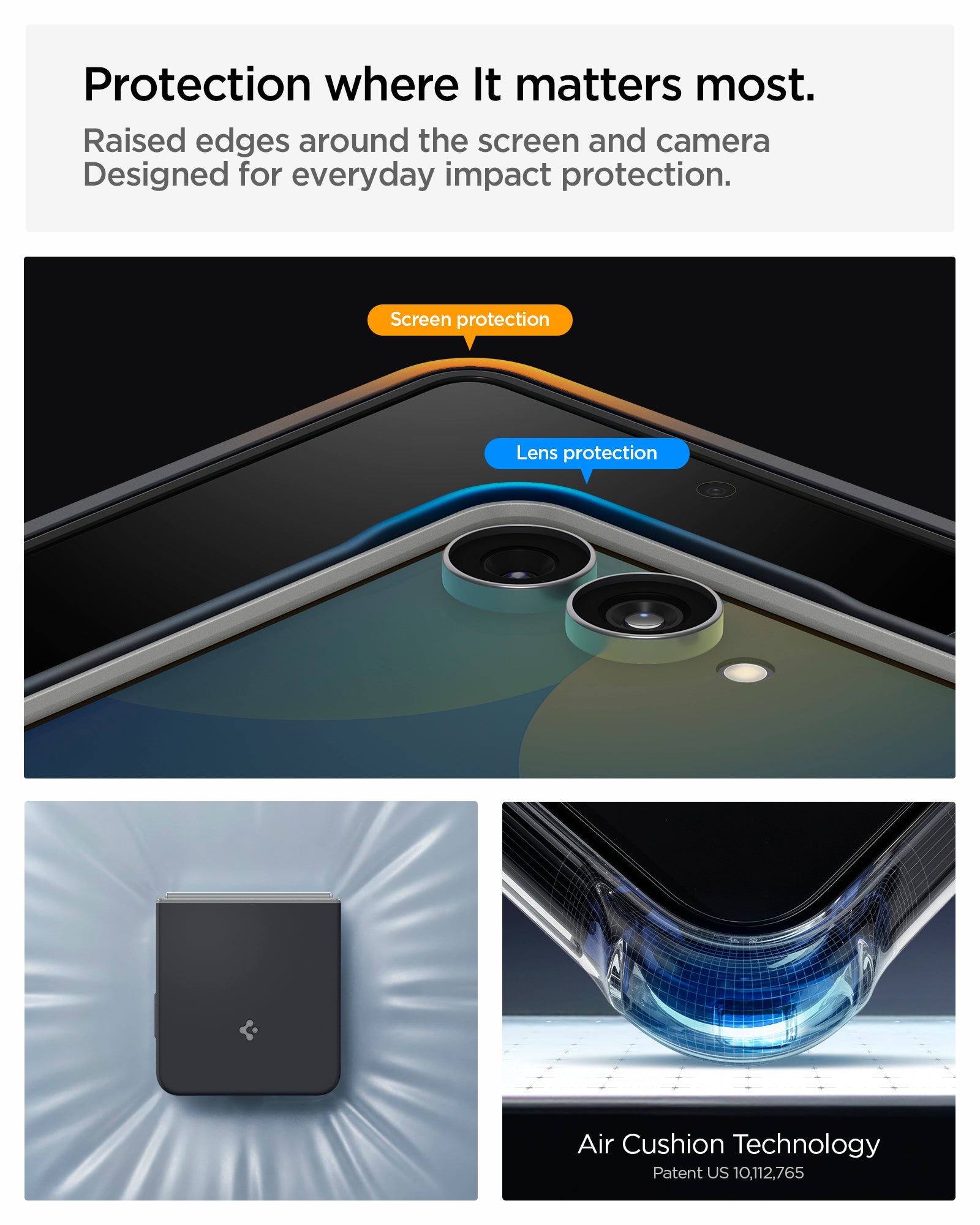 ACS11518 - Galaxy Z Flip 8 Nano Pop (Mag Fit) Black Sesame showing the "Protection where It matters most" graphic, highlighting raised screen and lens protection edges, alongside images of the case's shock-dispersing design and an "Air Cushion Technology" close-up 