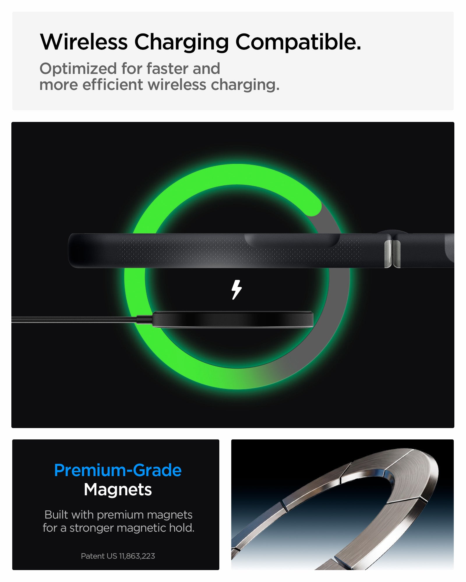 ACS11518 - Galaxy Z Flip 8 Nano Pop (Mag Fit) Black Sesame showing it is wireless charging compatible.  Optimized for faster and more efficient wireless charging