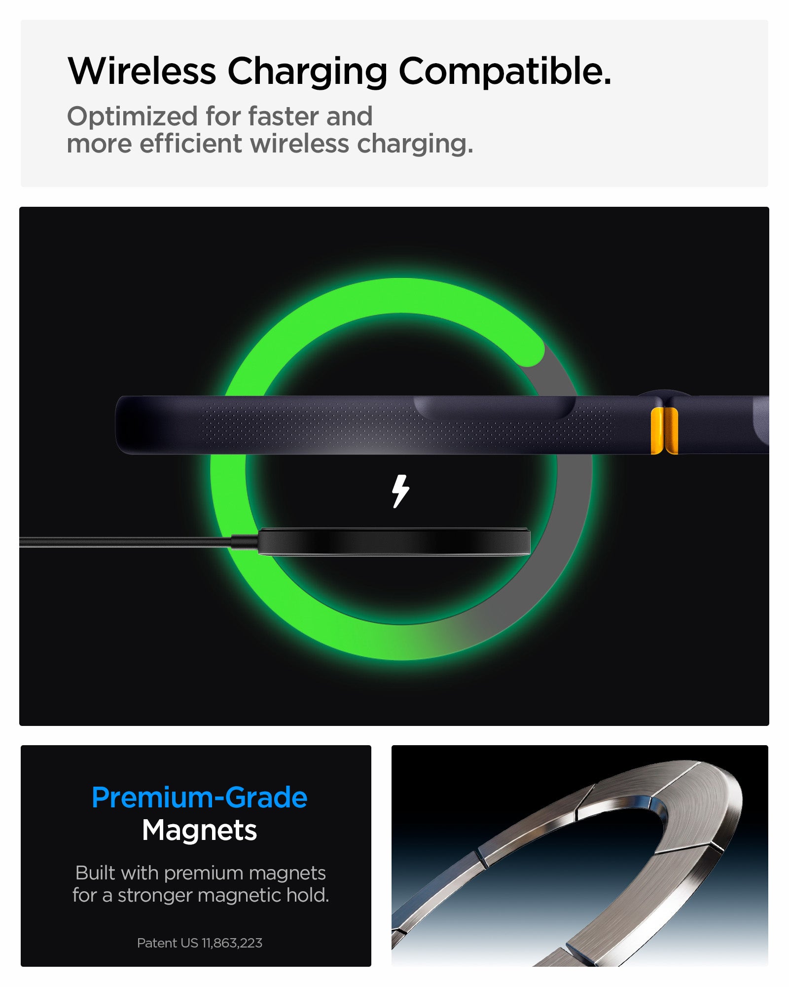 ACS11517 - Galaxy Z Flip 8 Nano Pop (Mag Fit) Blueberry Navy showing it is wireless charging compatible.  Optimized for faster and more efficient wireless charging