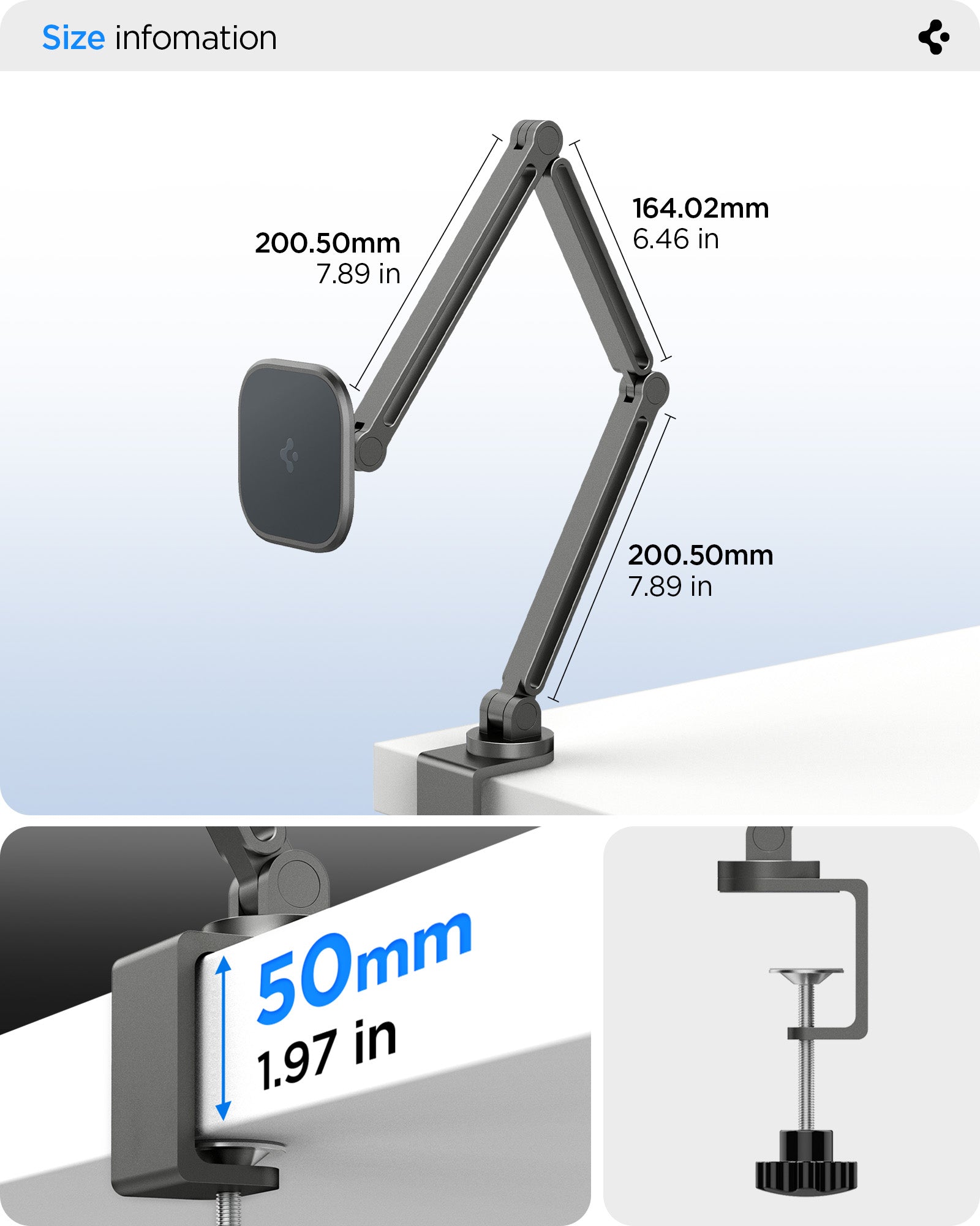 AMP09191 - OneTap Clamp in Space Gray showing the size information. 200.50mm|7.89in, 164.02mm|6.46in, 200.50mm|7.89in and 50mm|1.97in clamp height