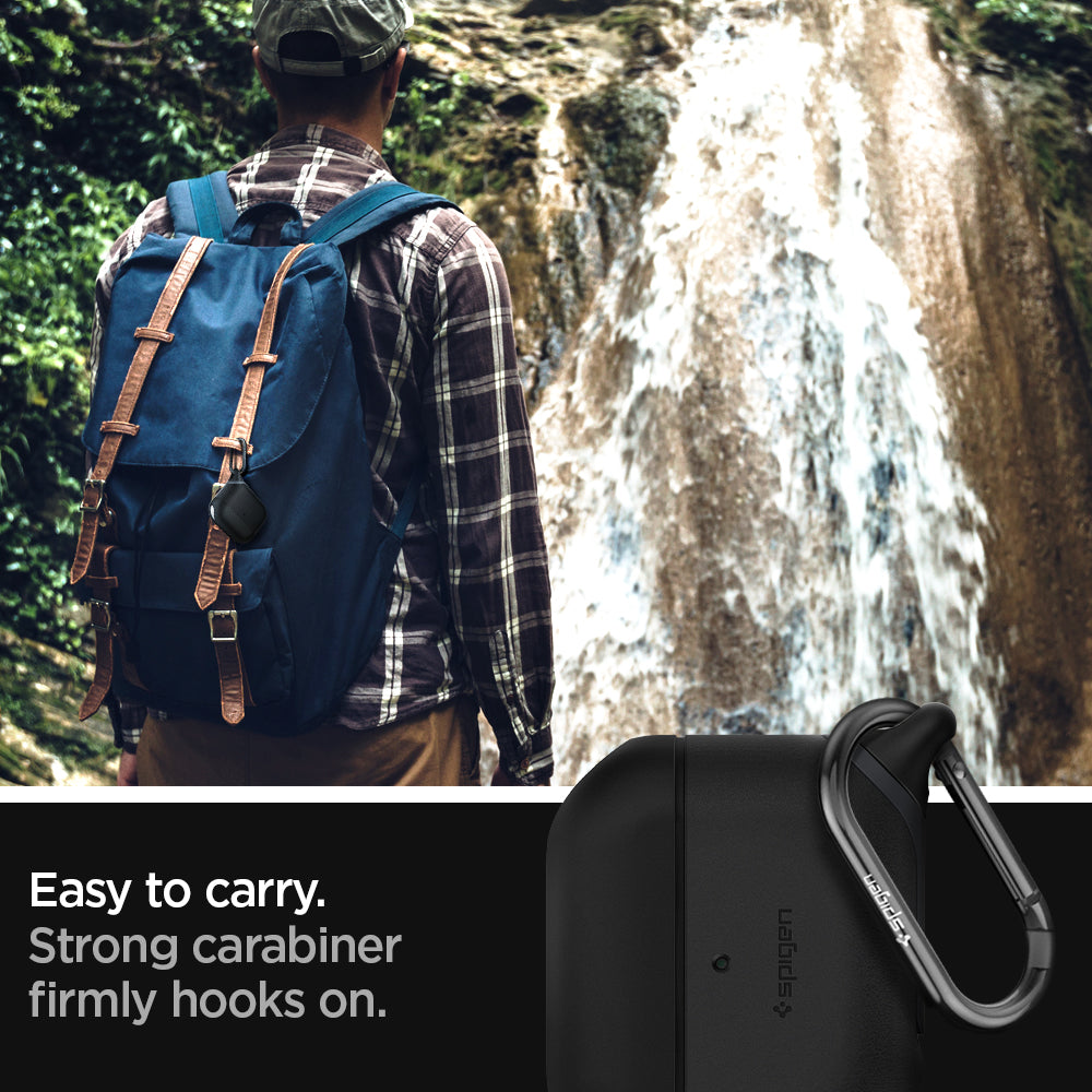 ASD00542 - Apple AirPods Pro / AirPods Pro 2 Case Slim Armor IP in black showing the strong carabiner firmly hooks on
