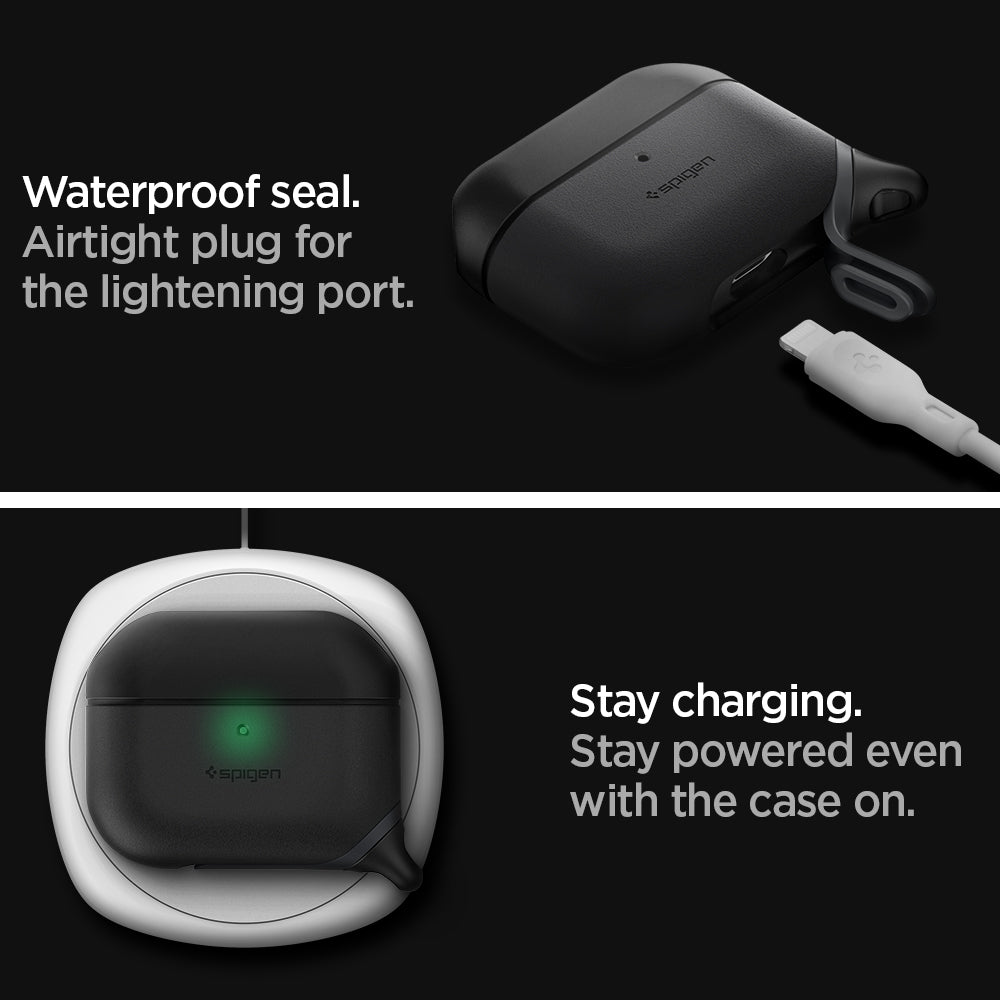 ASD00542 - Apple AirPods Pro / AirPods Pro 2 Case Slim Armor IP in black showing the waterproof seal. Airtight plug for the lightening port. Stay powered even with the case on