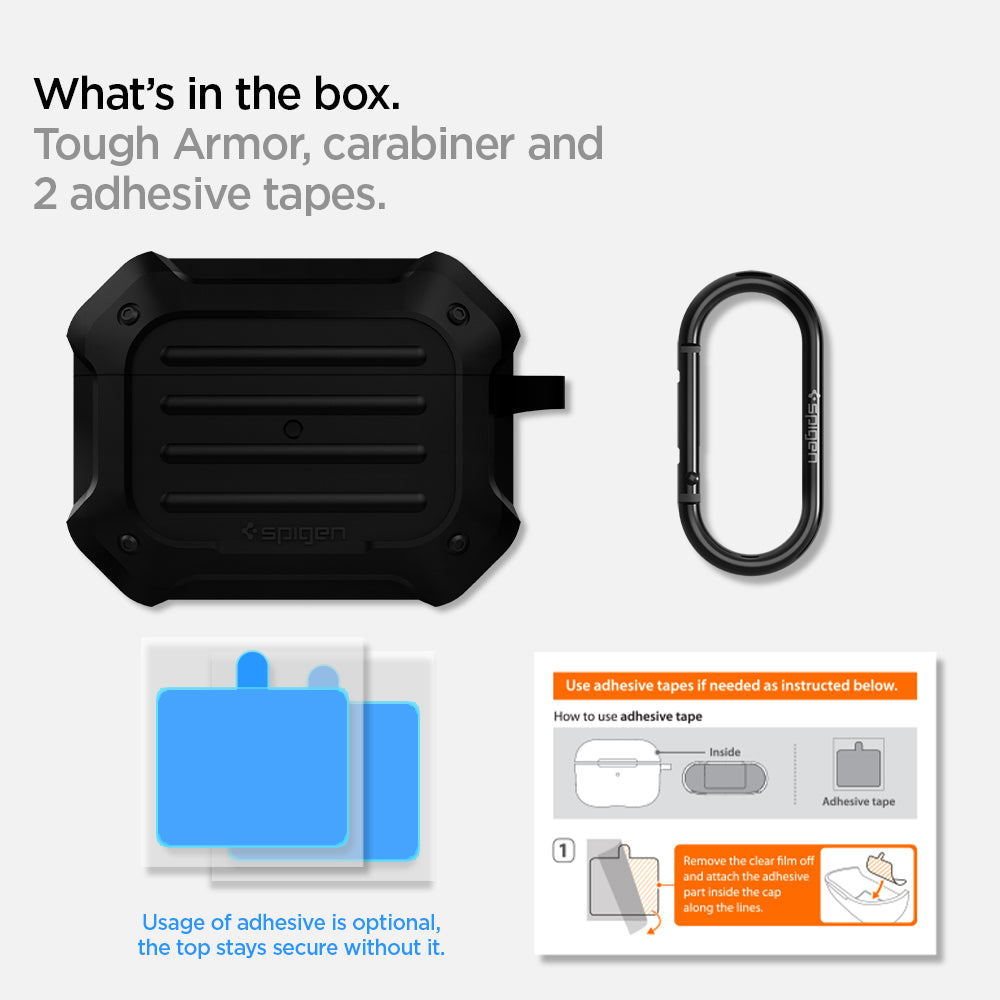 ASD00537 - Apple AirPods Pro Case Tough Armor in black showing what's in the box. Tough Armor, carabiner and 2 adhesive tapes. Usage of adhesive is optional, the top stays secure without it