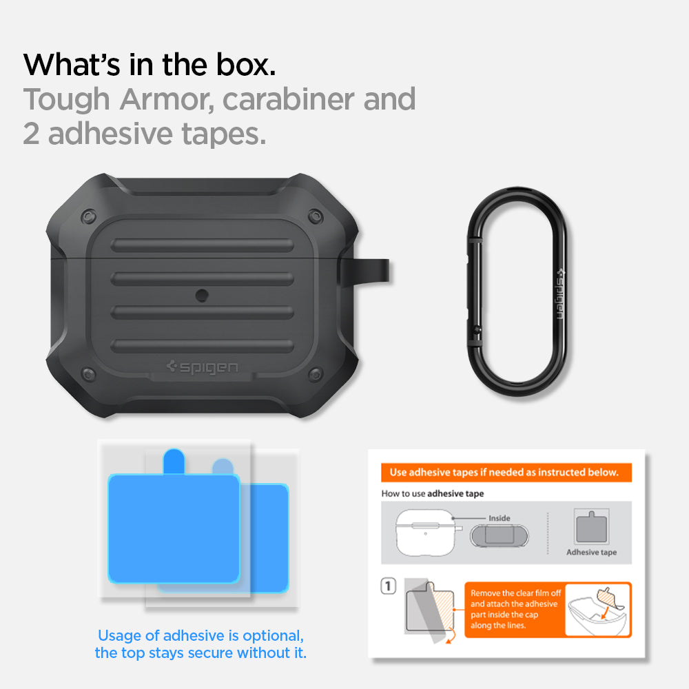 ASD00538 - Apple AirPods Pro Case Tough Armor in charcoal showing what's in the box. Tough Armor, carabiner and 2 adhesive tapes. Usage of adhesive is optional the top stays secure without it